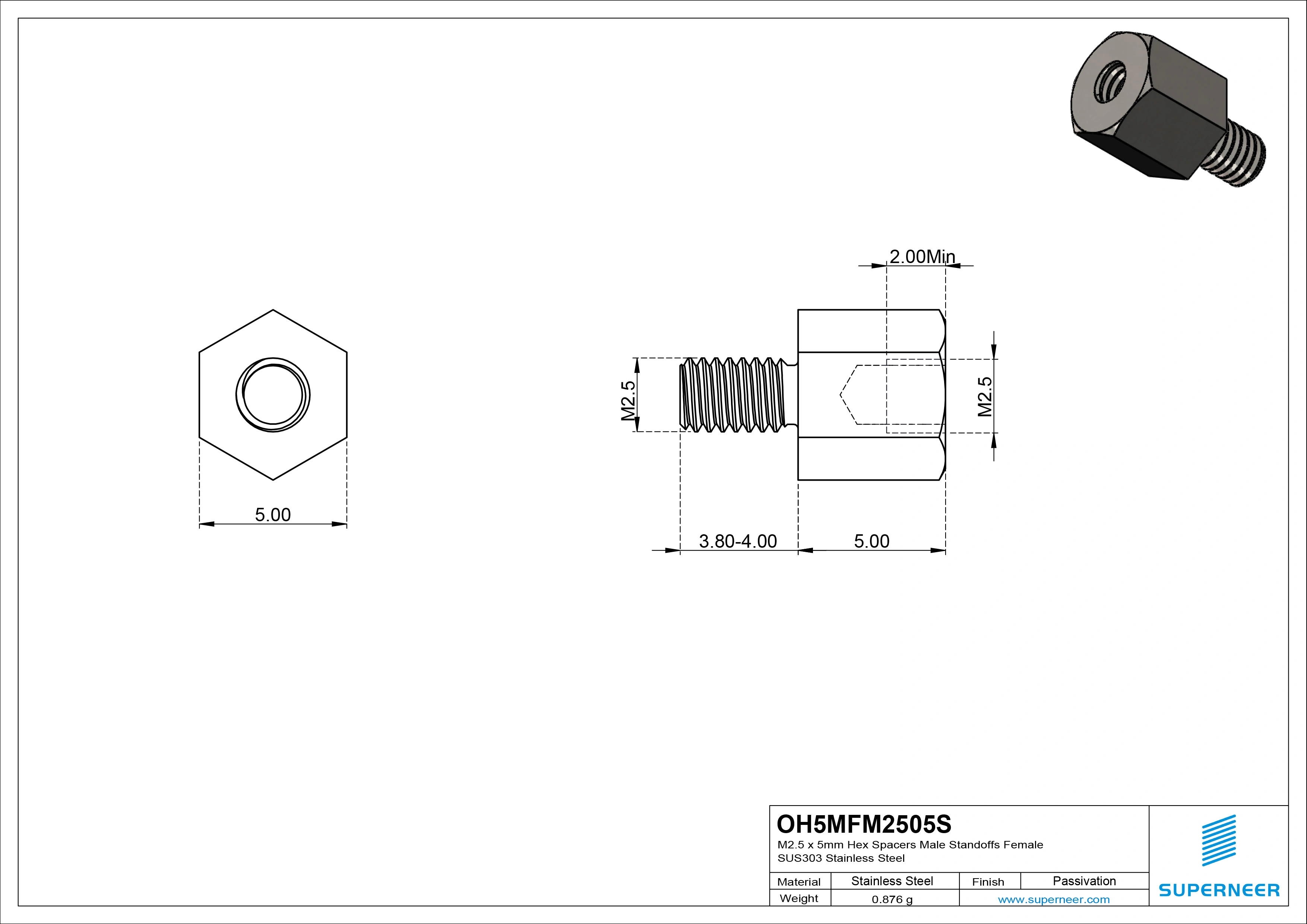 M2.5 x 5mm Hex Spacers Male Standoffs Female SUS303 Stainless Steel Inox