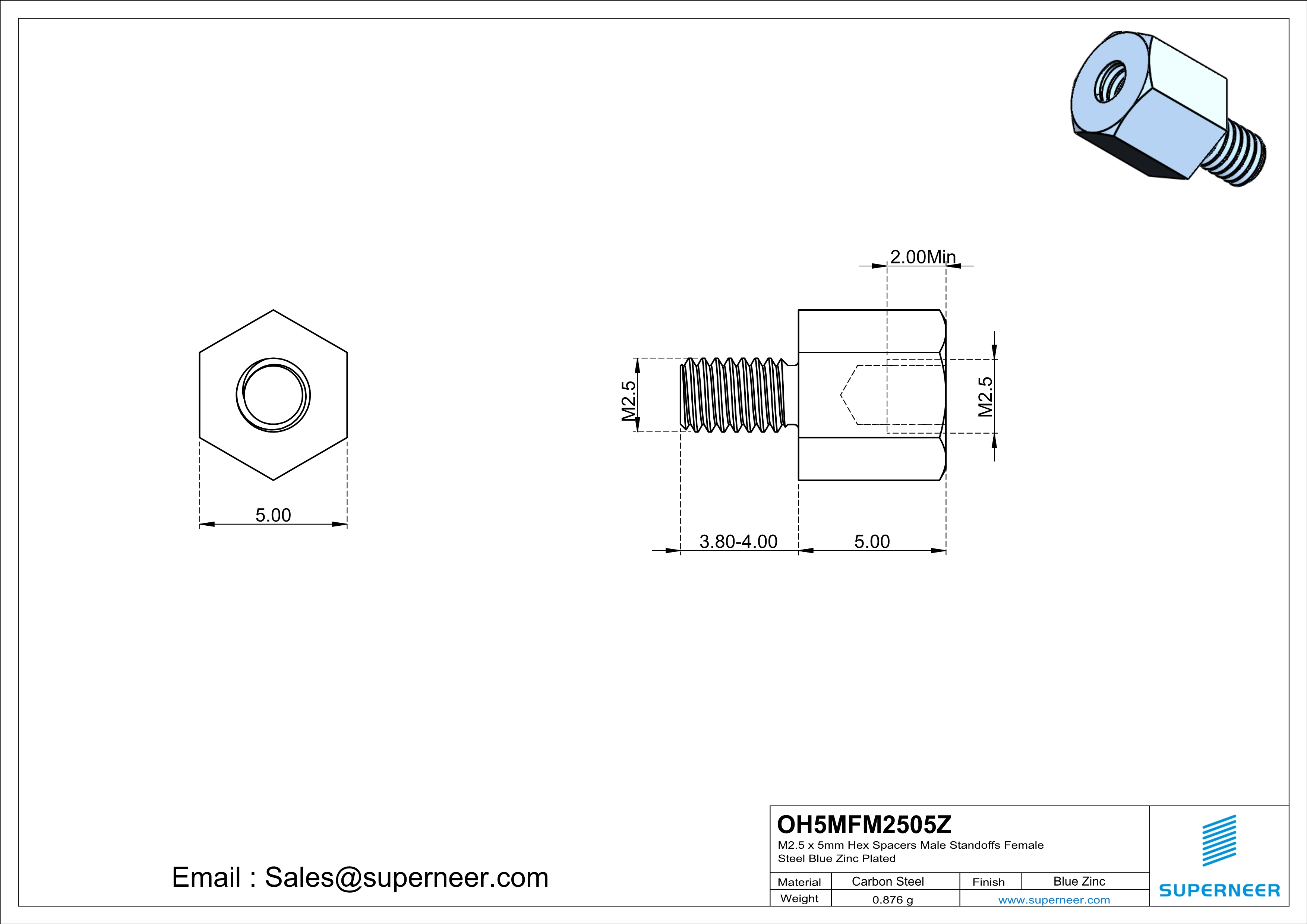 M2.5 x 5mm Hex Spacers Male Standoffs Female Steel Blue Zinc Plated