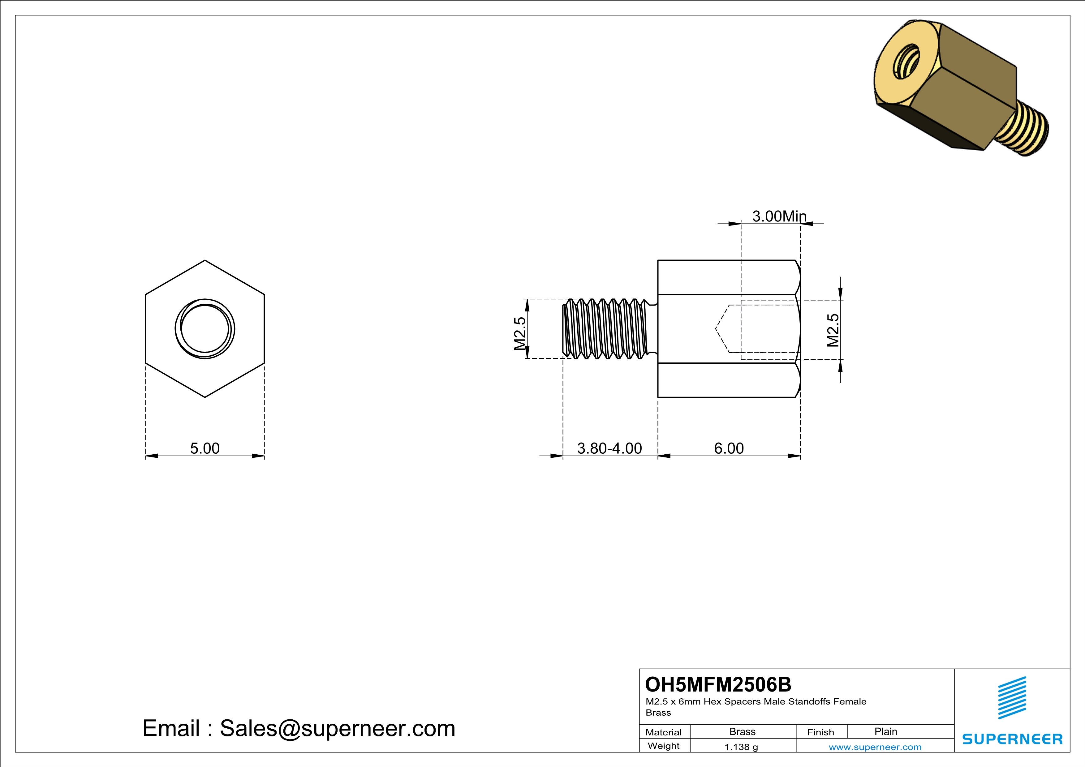 M2.5 x 6mm Hex Spacers Male  Standoffs Female Brass