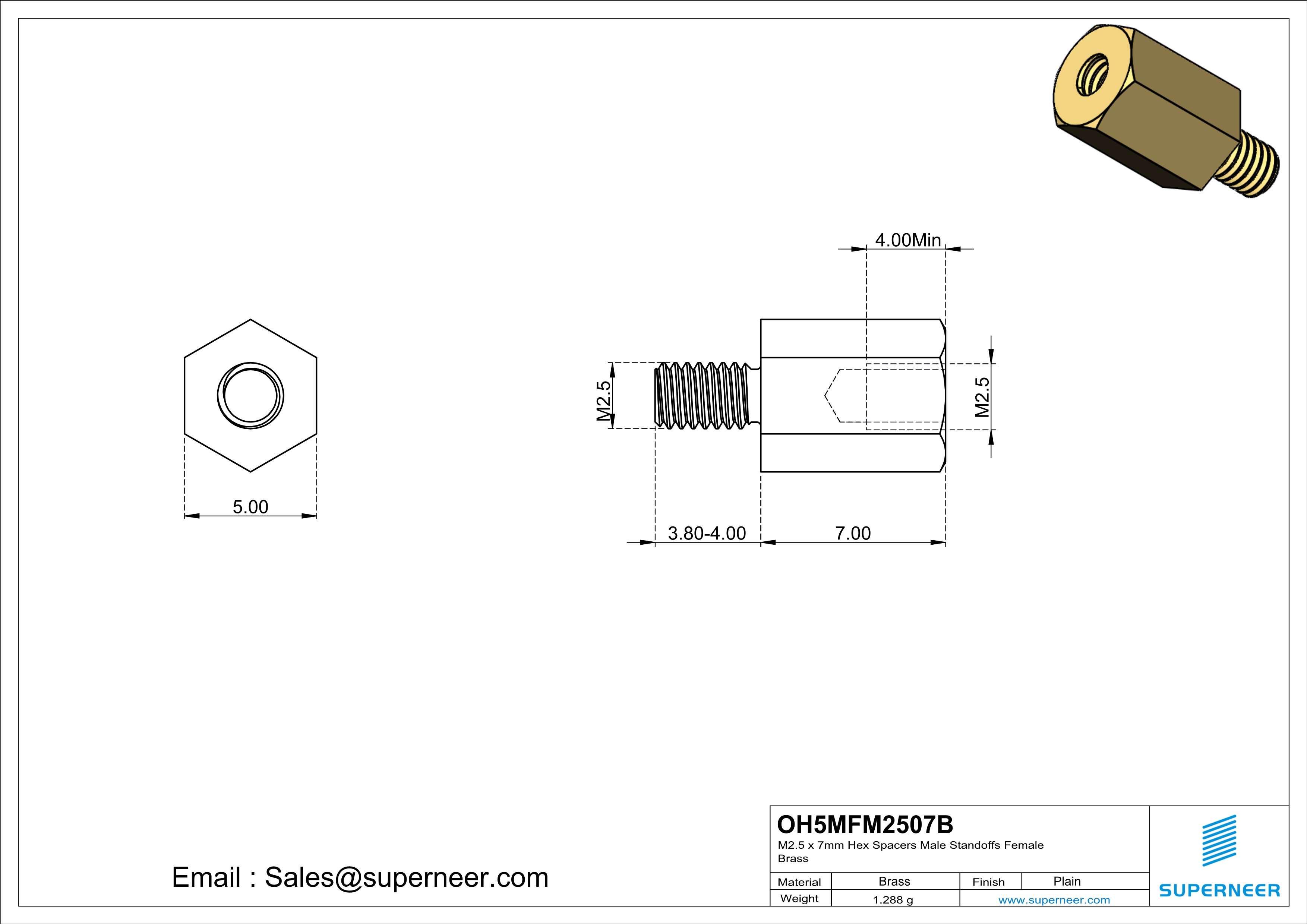 M2.5 x 7mm Hex Spacers Male  Standoffs Female Brass