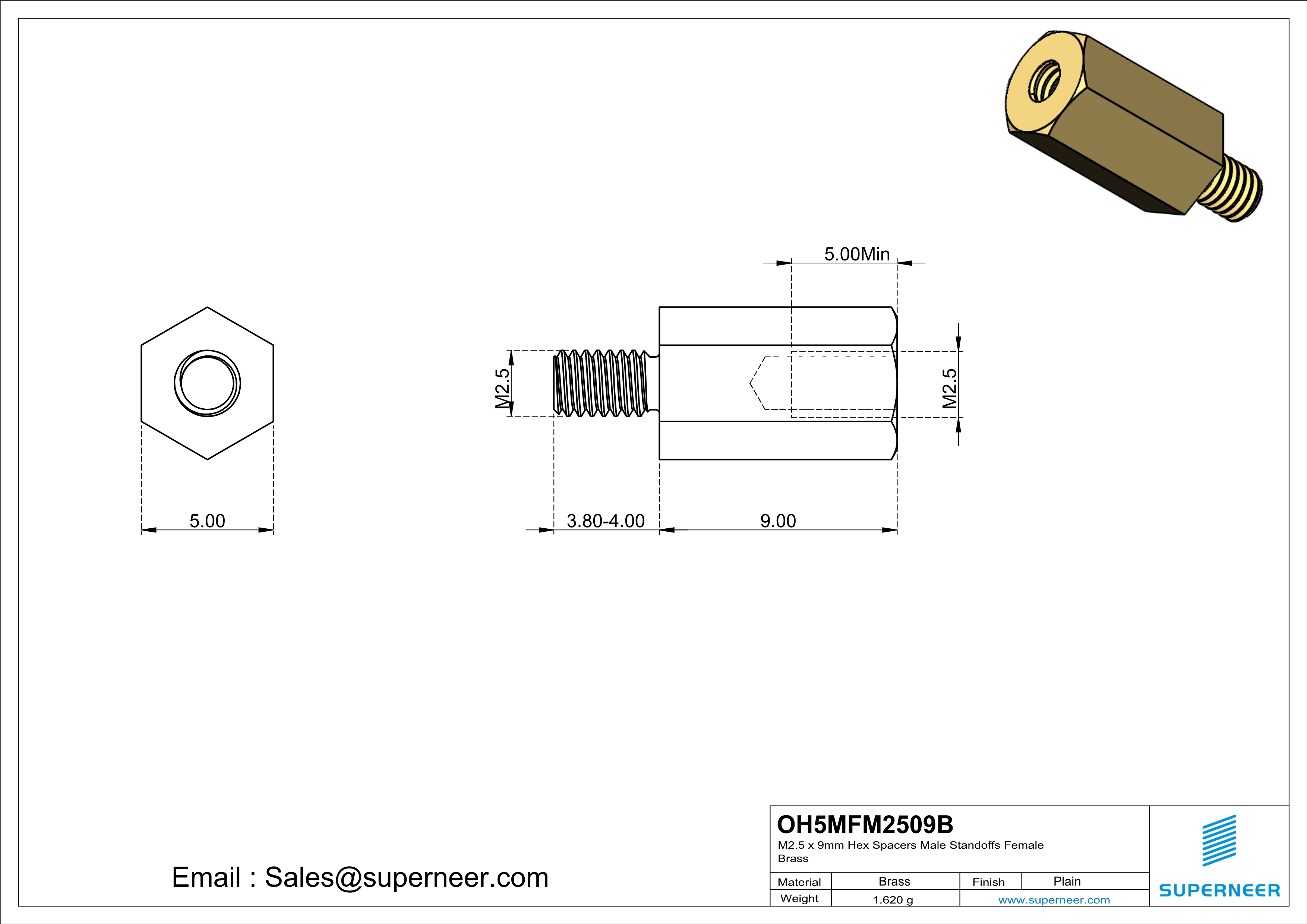 M2.5 x 9mm Hex Spacers Male  Standoffs Female Brass