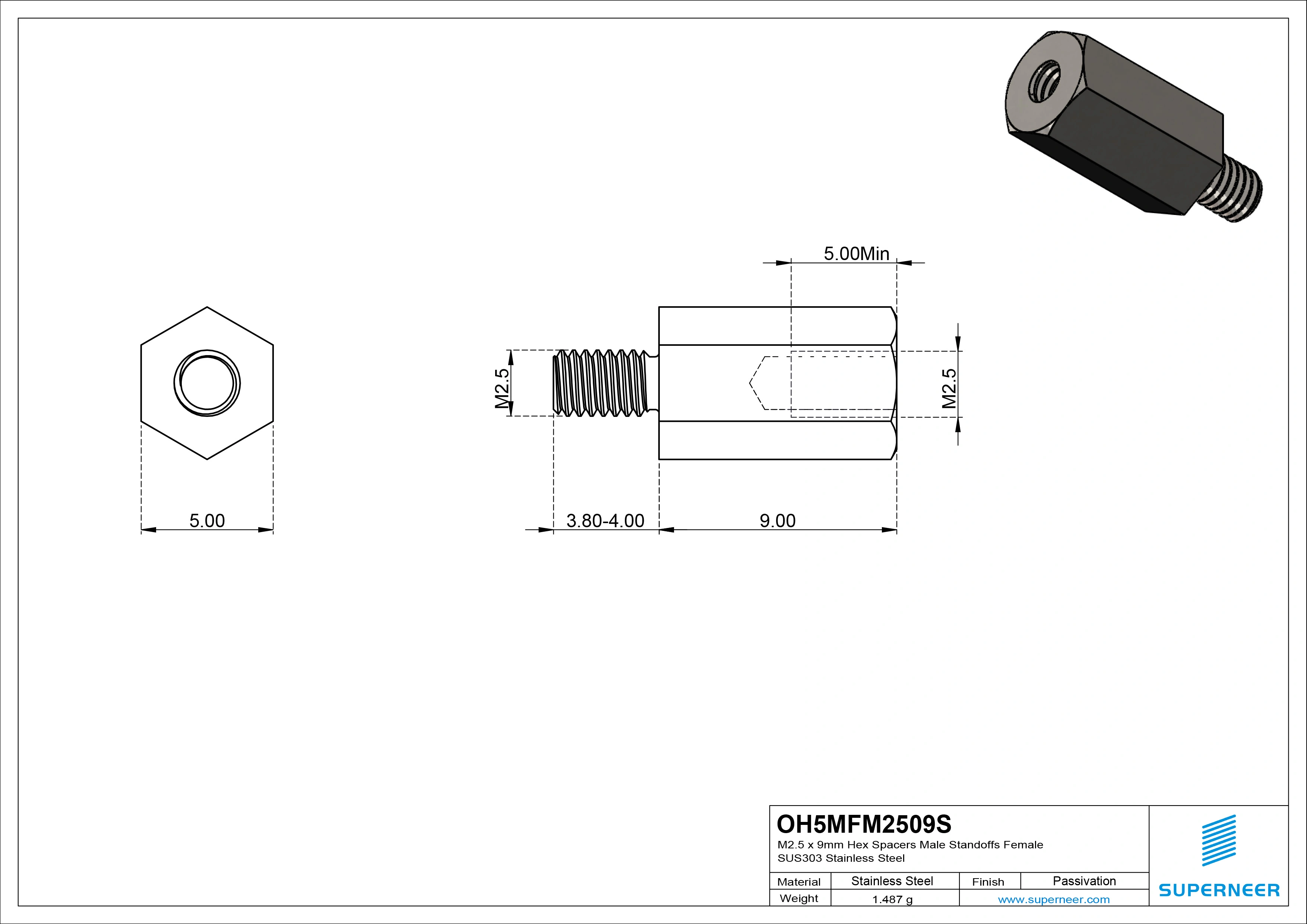 M2.5 x 9mm Hex Spacers Male Standoffs Female SUS303 Stainless Steel Inox