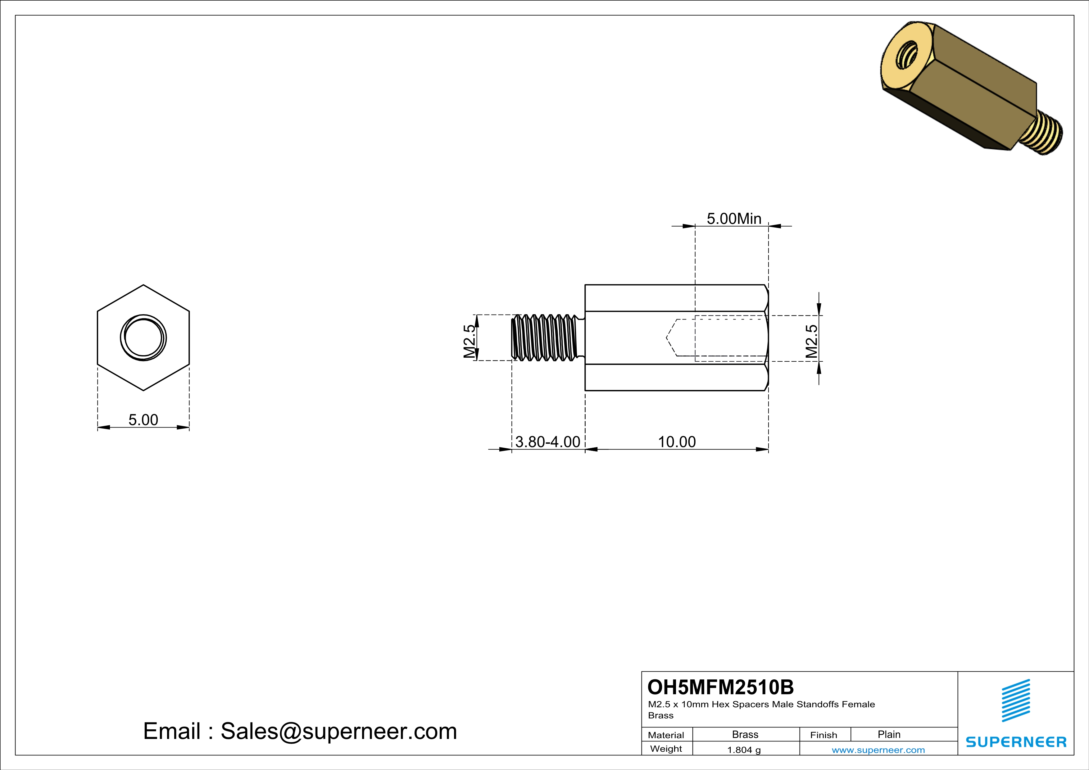 M2.5 x 10mm Hex Spacers Male  Standoffs Female Brass