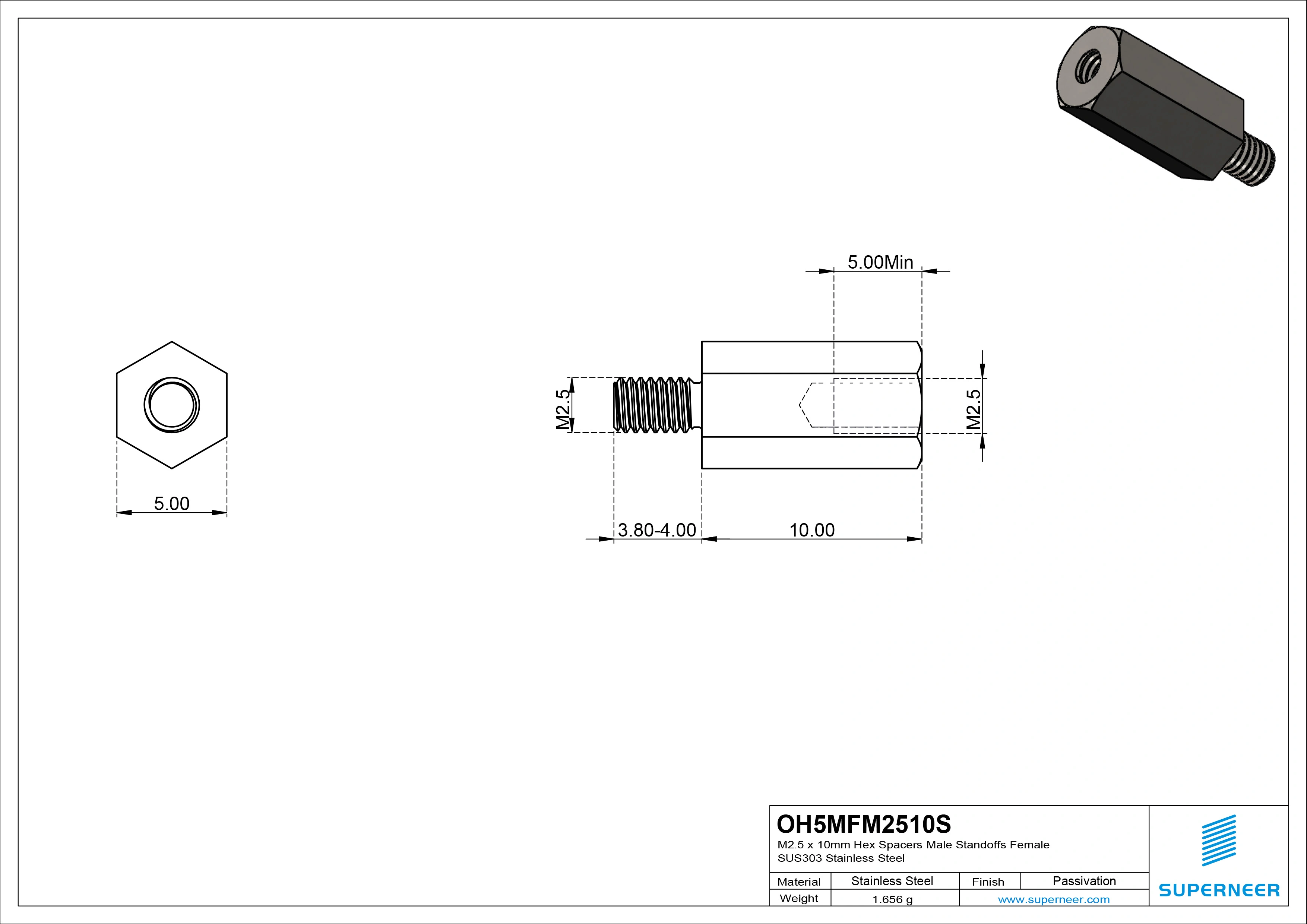 M2.5 x 10mm Hex Spacers Male Standoffs Female SUS303 Stainless Steel Inox