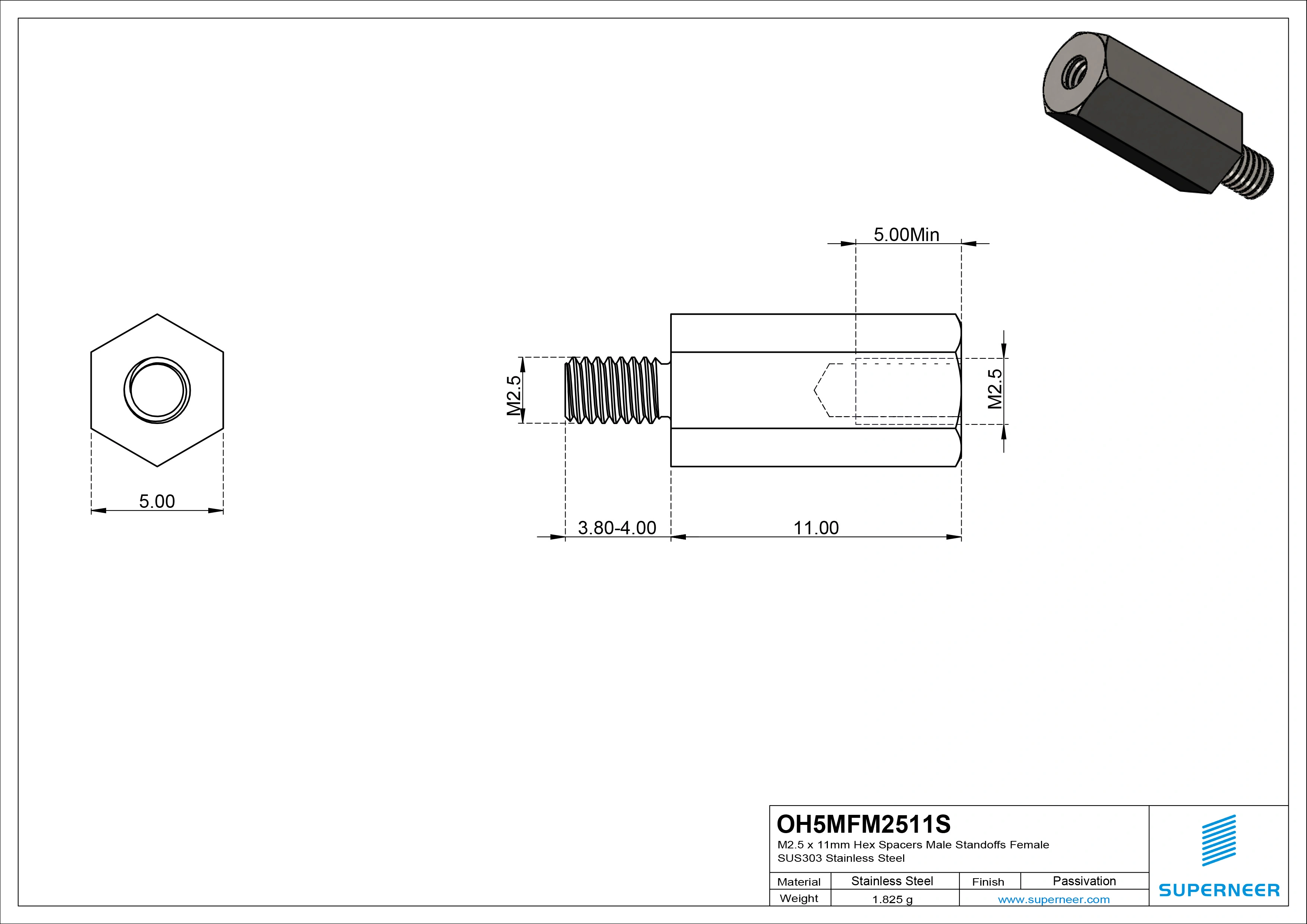 M2.5 x 11mm Hex Spacers Male Standoffs Female SUS303 Stainless Steel Inox