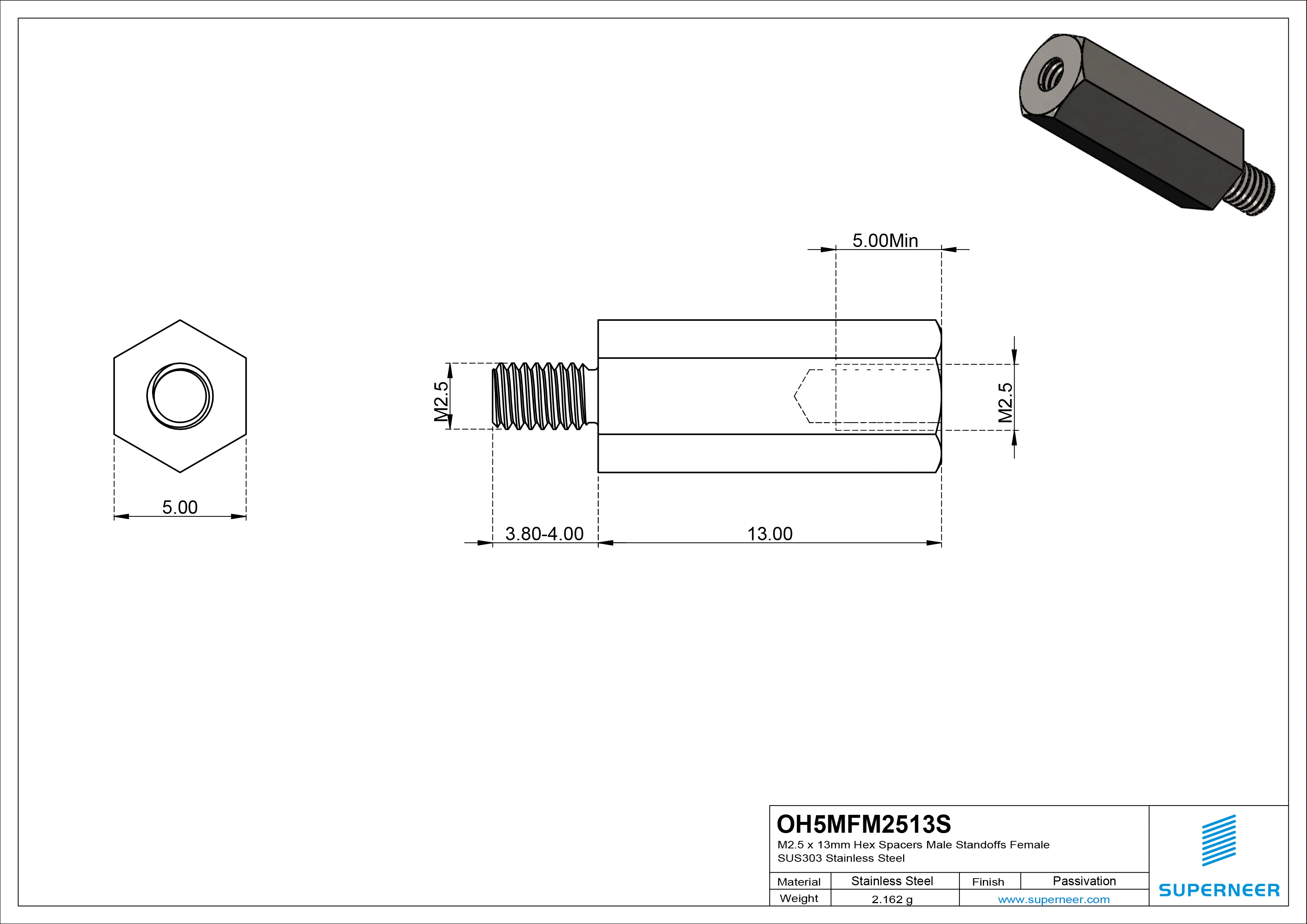 M2.5 x 13mm Hex Spacers Male Standoffs Female SUS303 Stainless Steel Inox