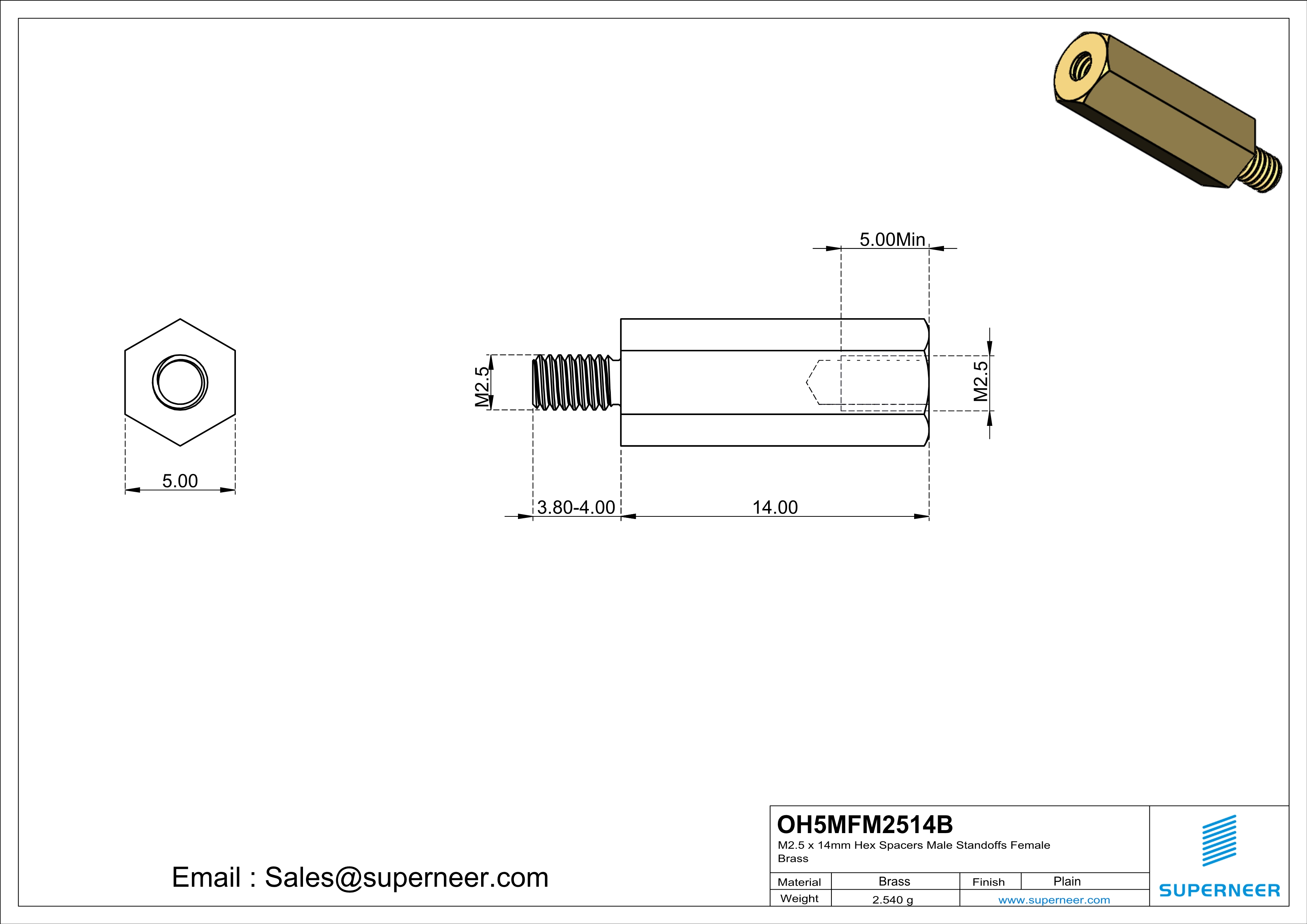 M2.5 x 14mm Hex Spacers Male  Standoffs Female Brass