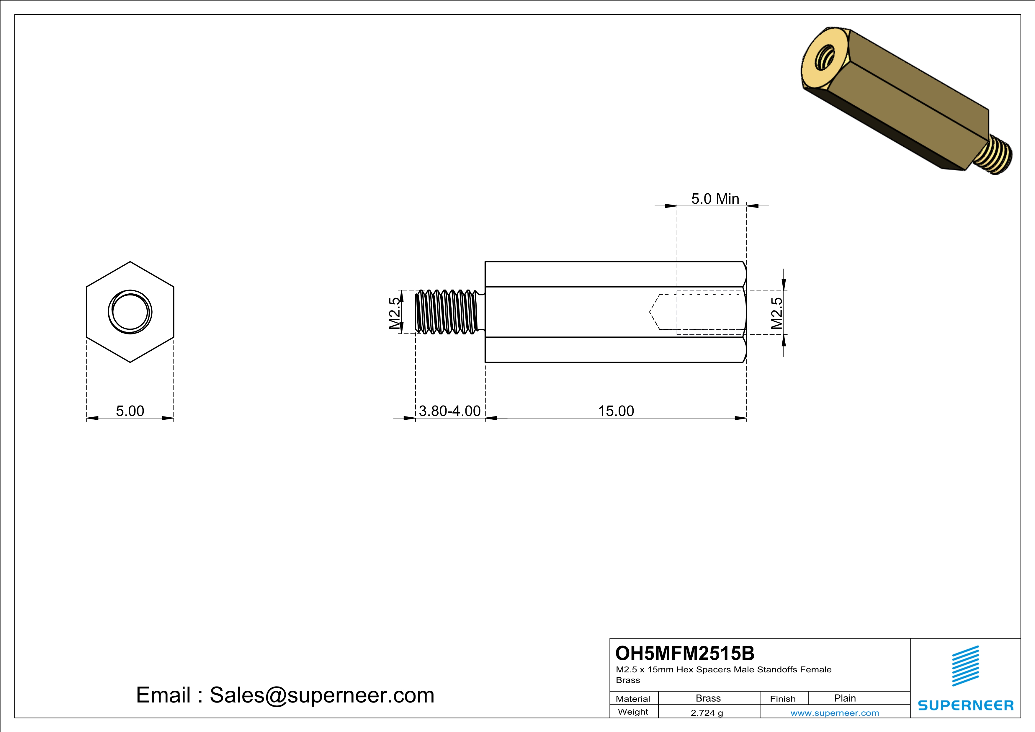 M2.5 x 15mm Hex Spacers Male  Standoffs Female Brass