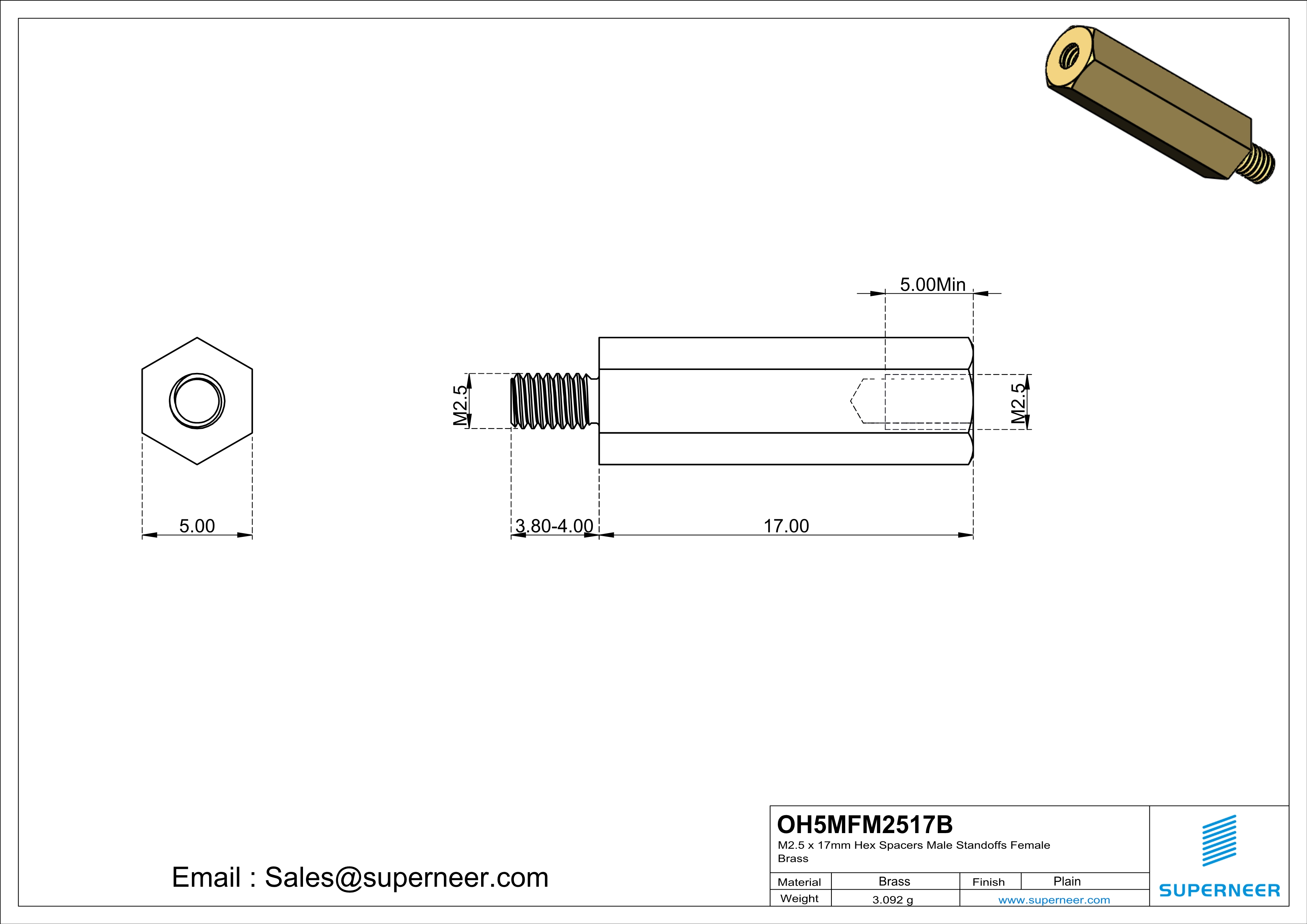 M2.5 x 17mm Hex Spacers Male  Standoffs Female Brass