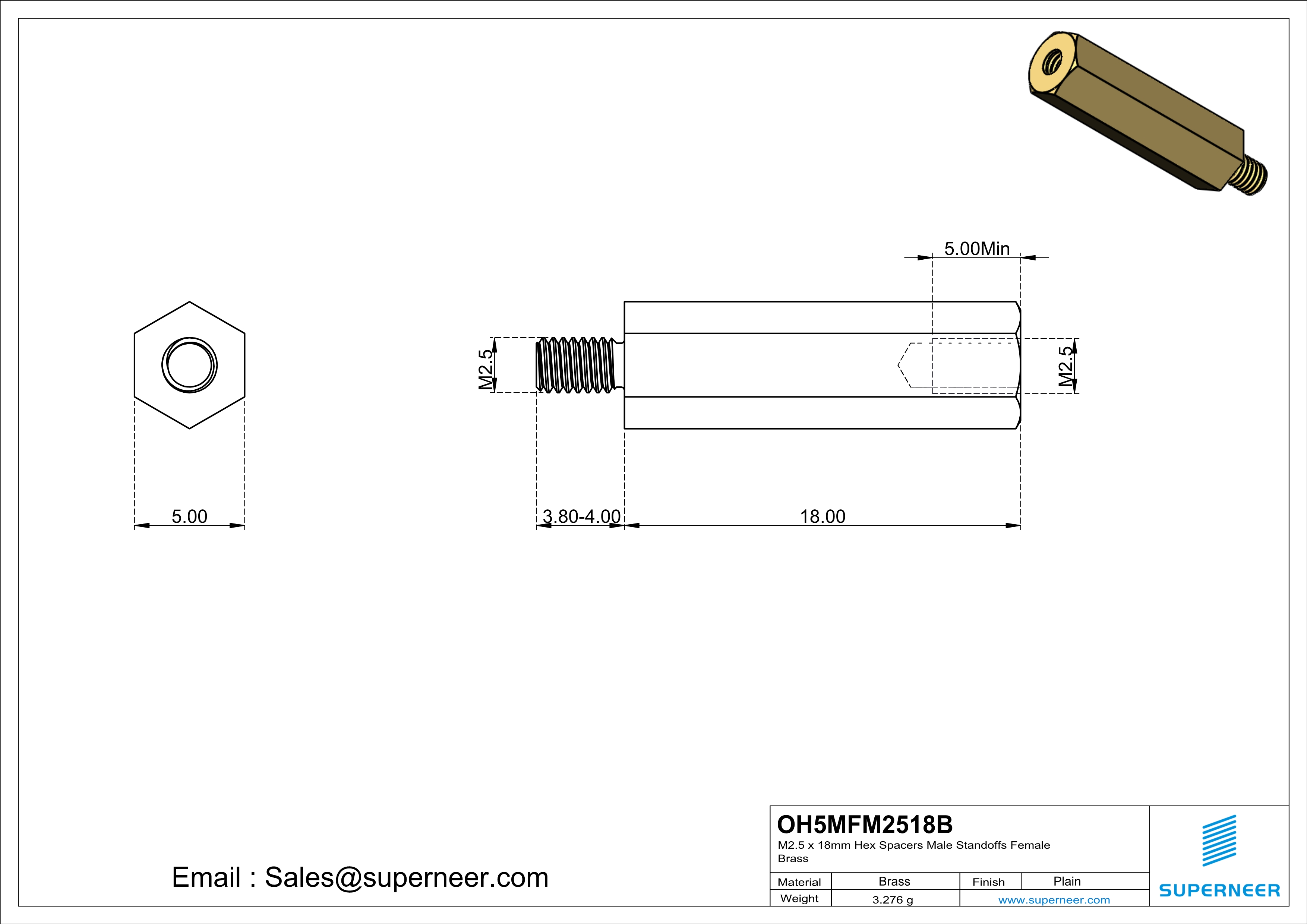 M2.5 x 18mm Hex Spacers Male  Standoffs Female Brass