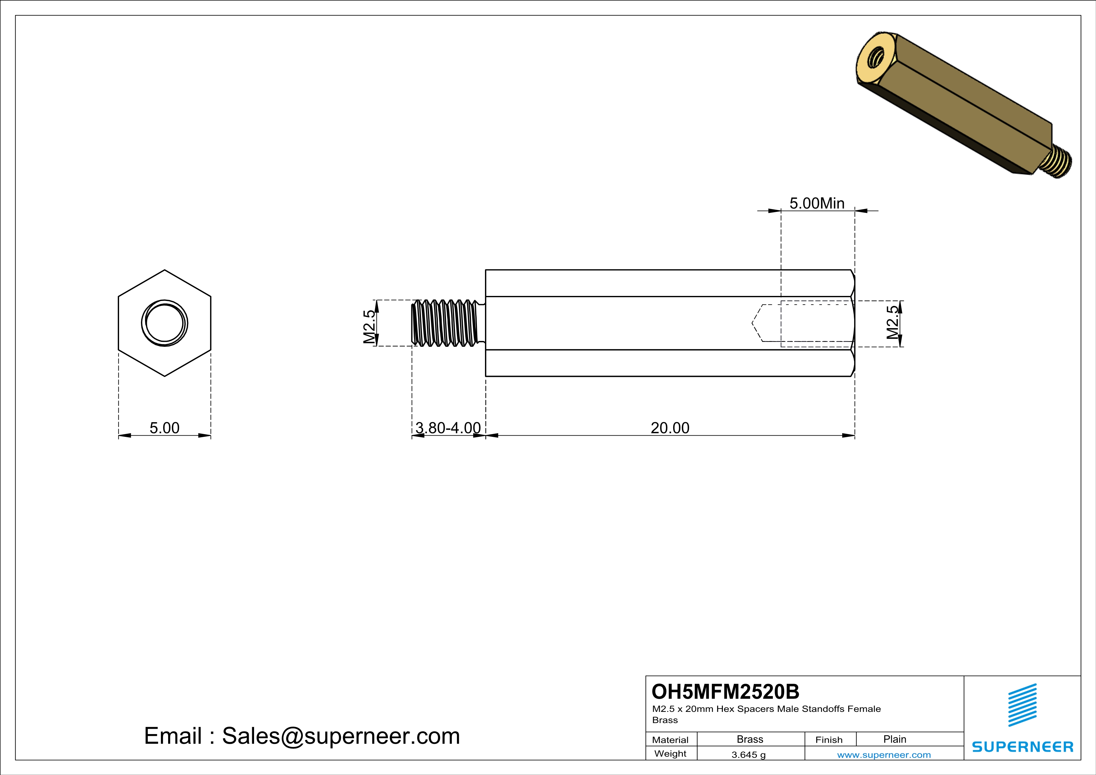 M2.5 x 20mm Hex Spacers Male  Standoffs Female Brass