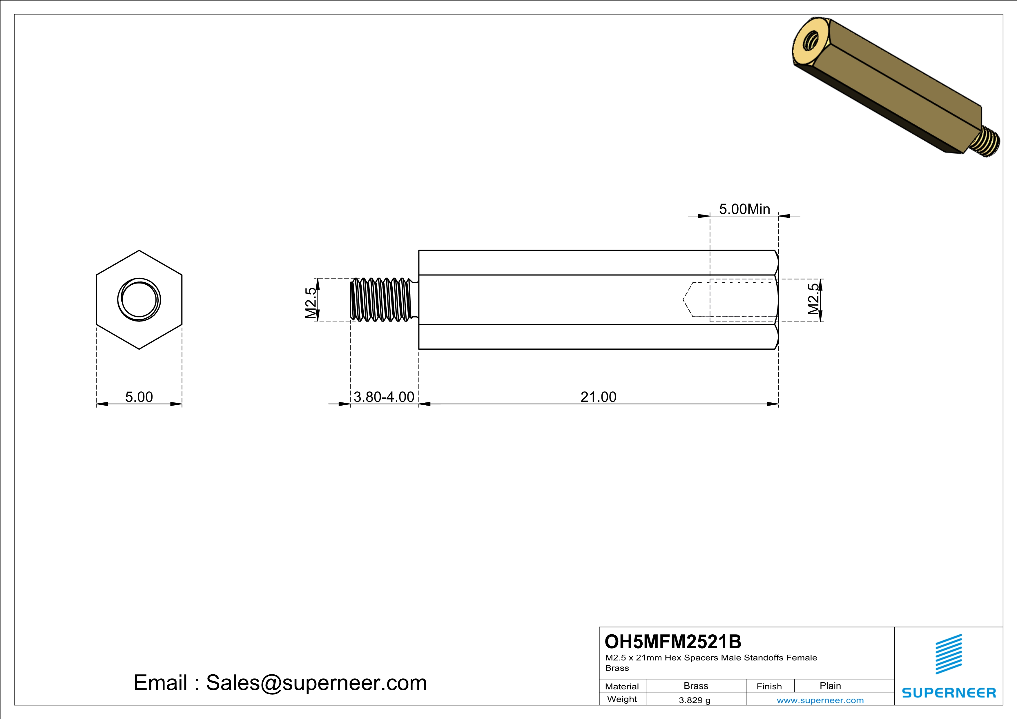 M2.5 x 21mm Hex Spacers Male  Standoffs Female Brass