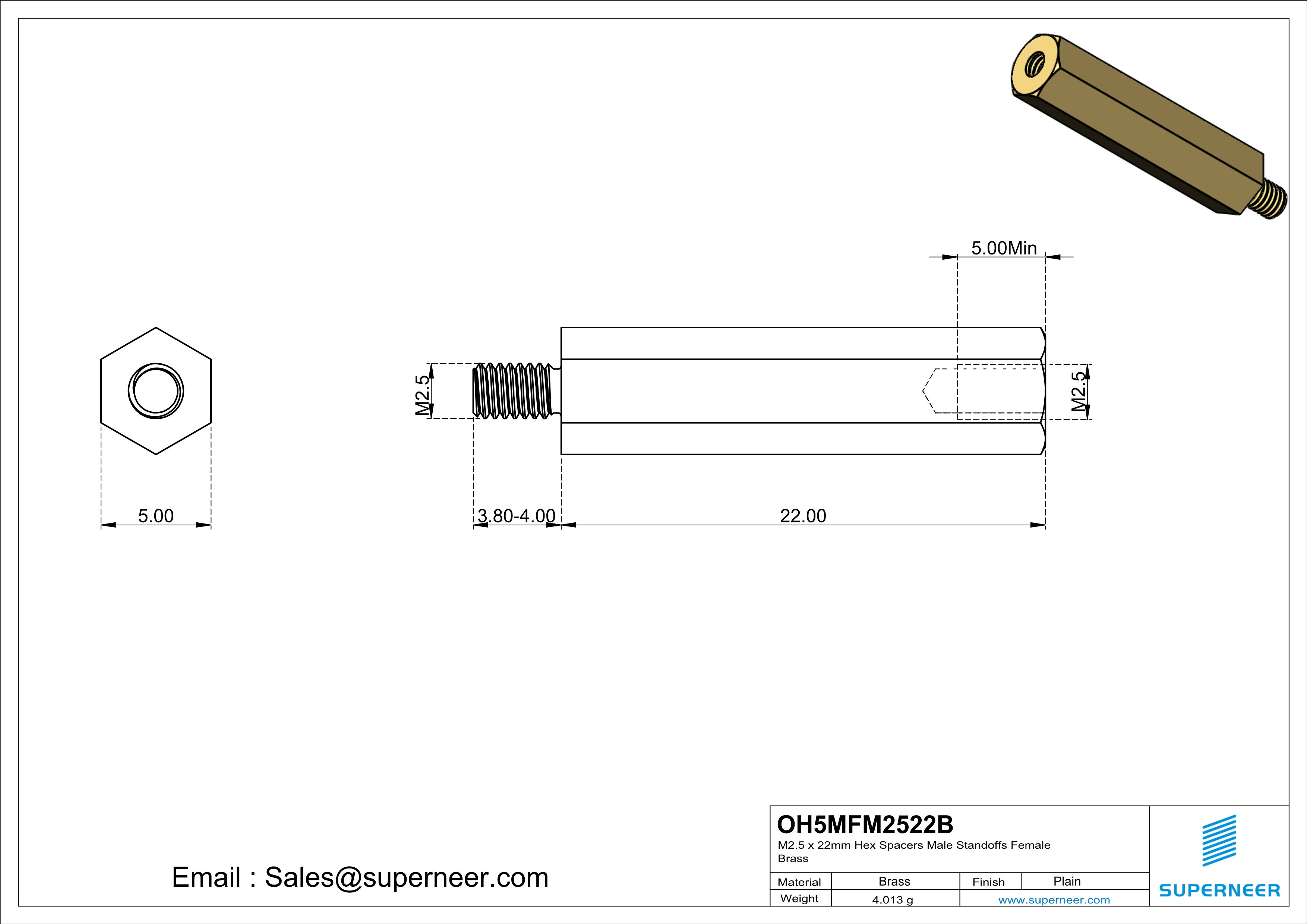 M2.5 x 22mm Hex Spacers Male  Standoffs Female Brass