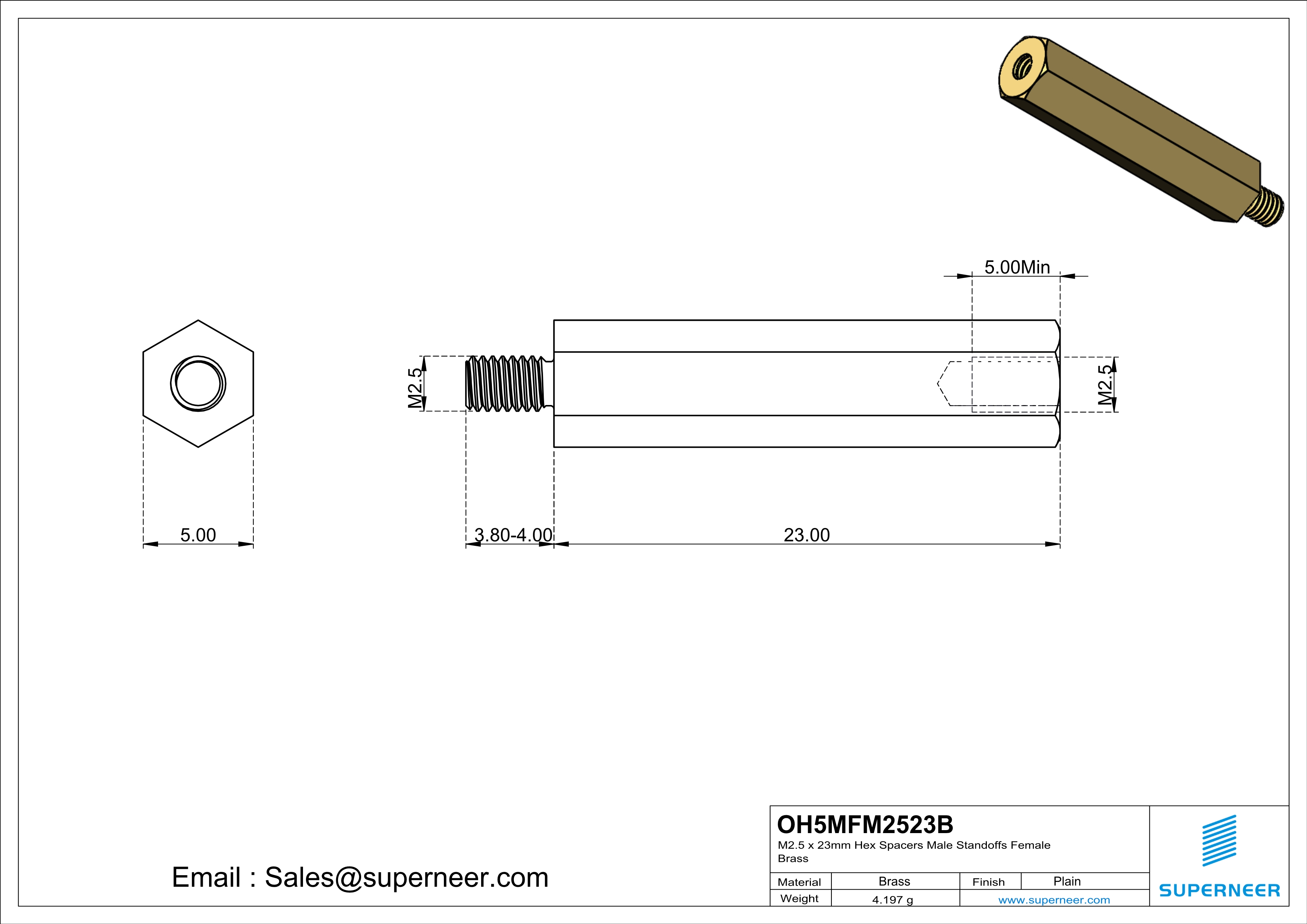 M2.5 x 23mm Hex Spacers Male  Standoffs Female Brass