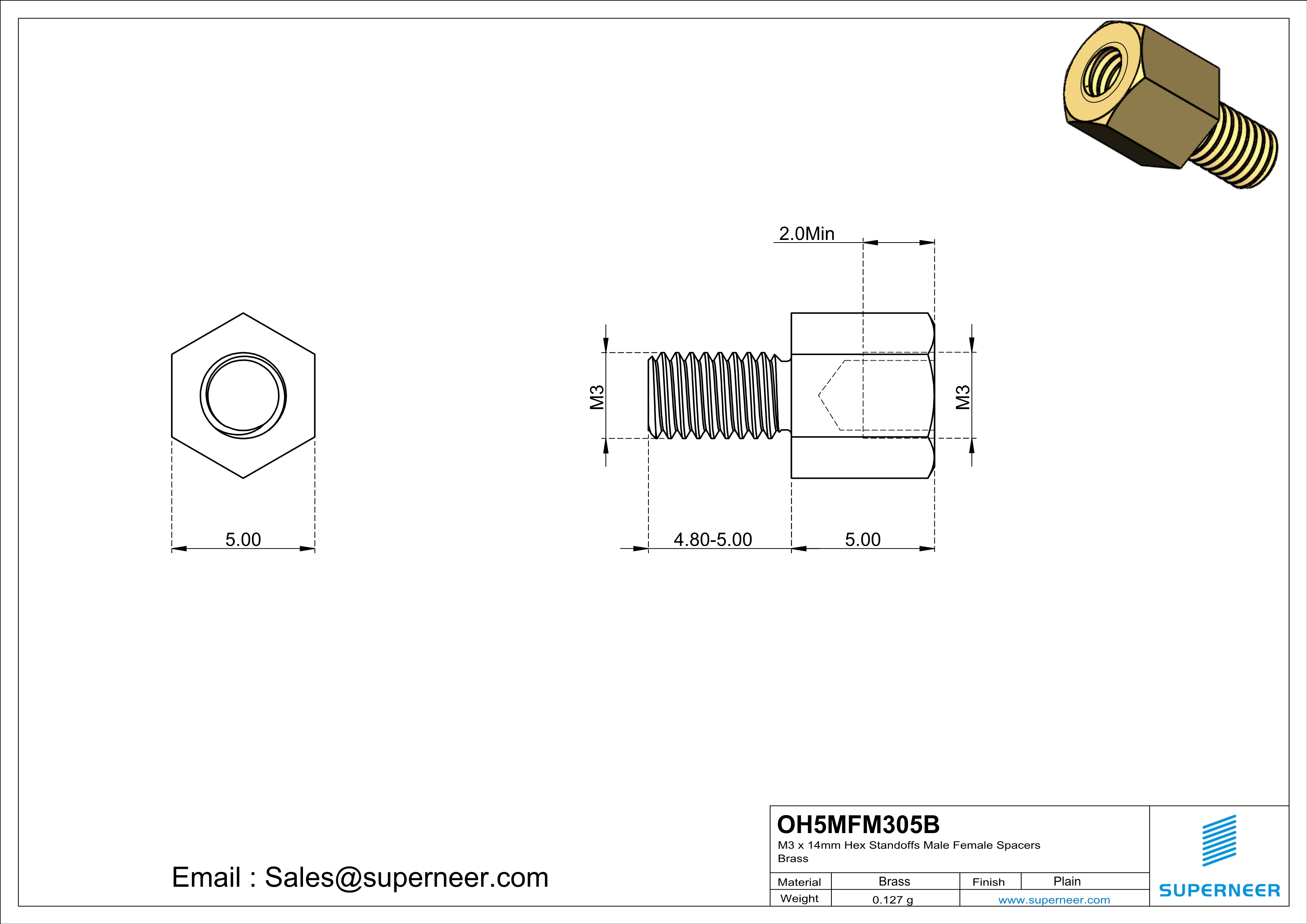 M3 x 5mm Hex Standoffs Male Female Spacers  Brass 