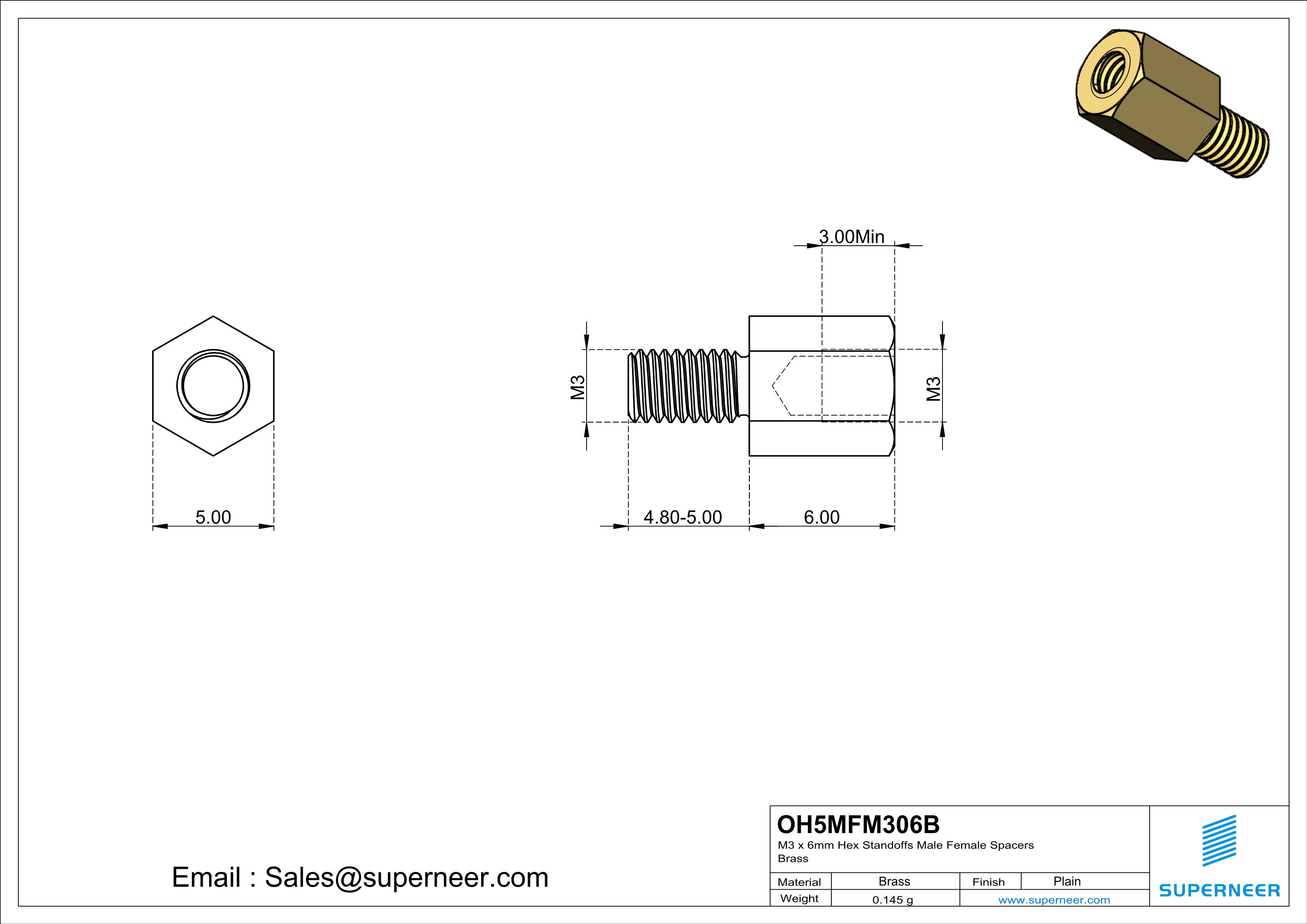 M3 x 6mm Hex Standoffs Male Female Spacers  Brass 