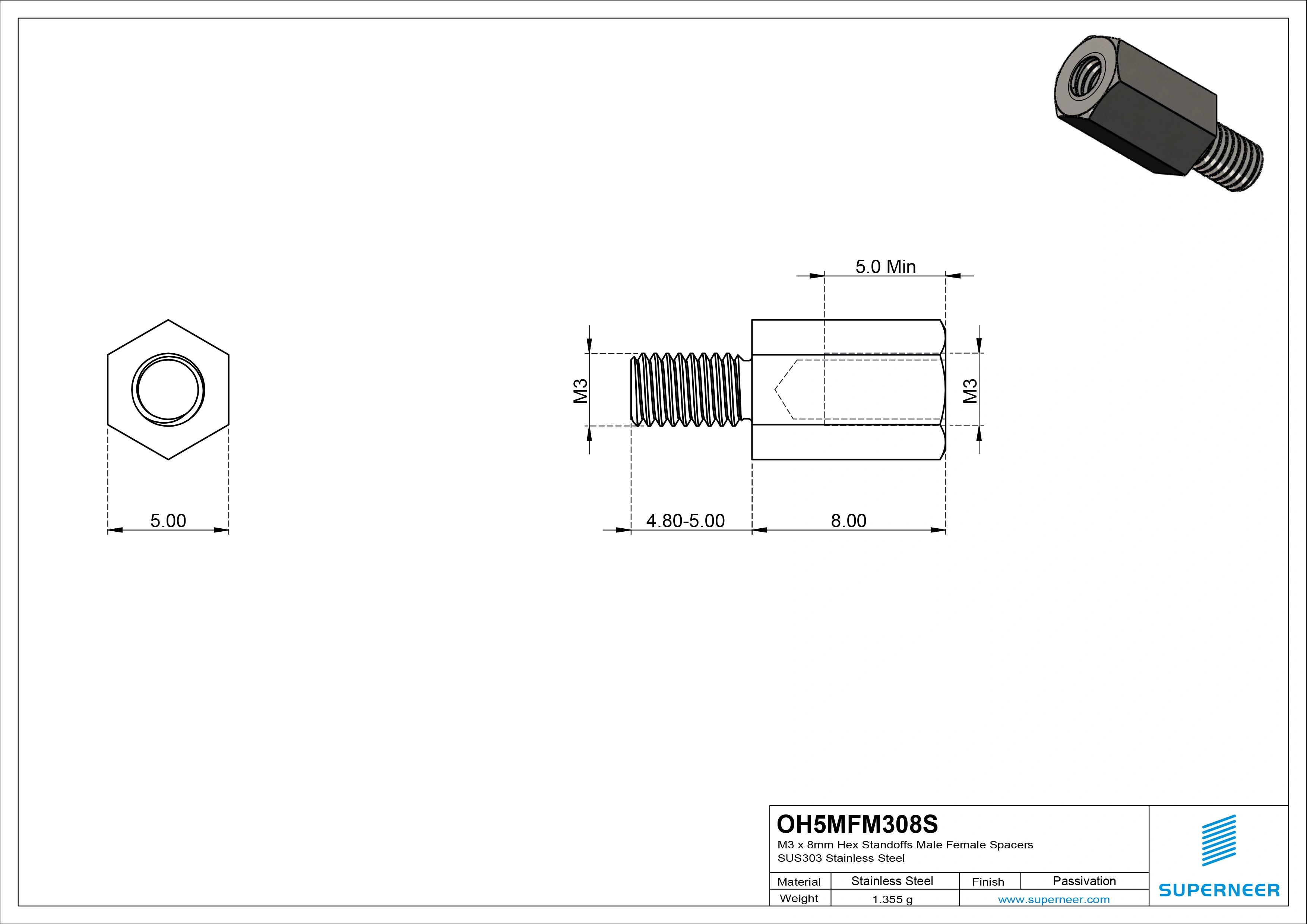 M3 x 8mm Hex Standoffs Male Female Spacers SUS303 Stainless Steel Inox 