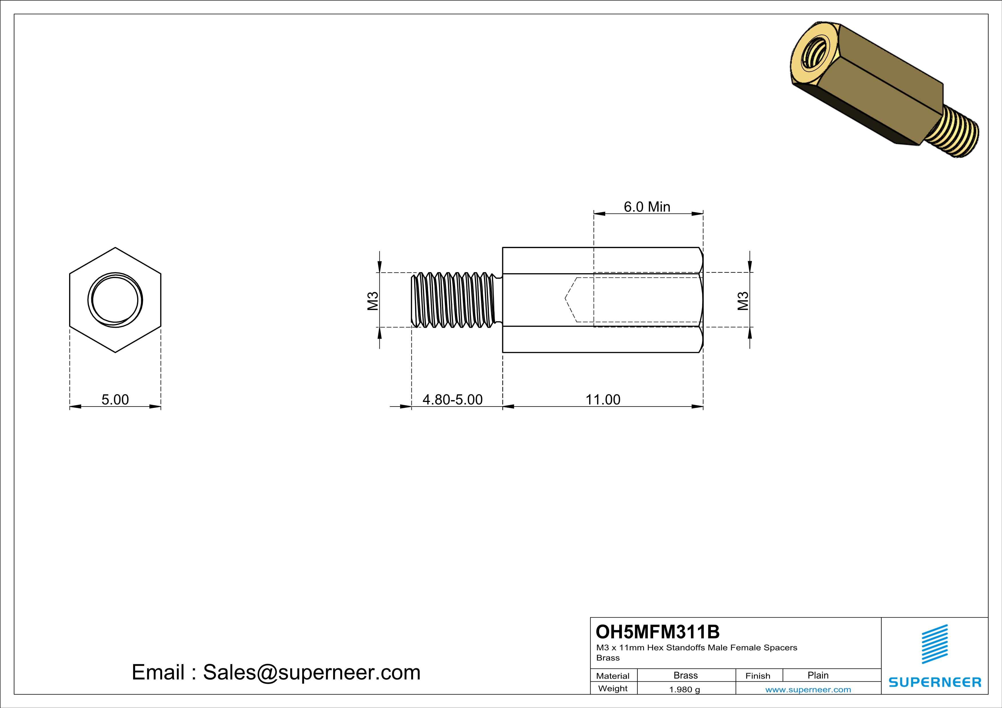 M3 x 11mm Hex Standoffs Male Female Spacers  Brass 