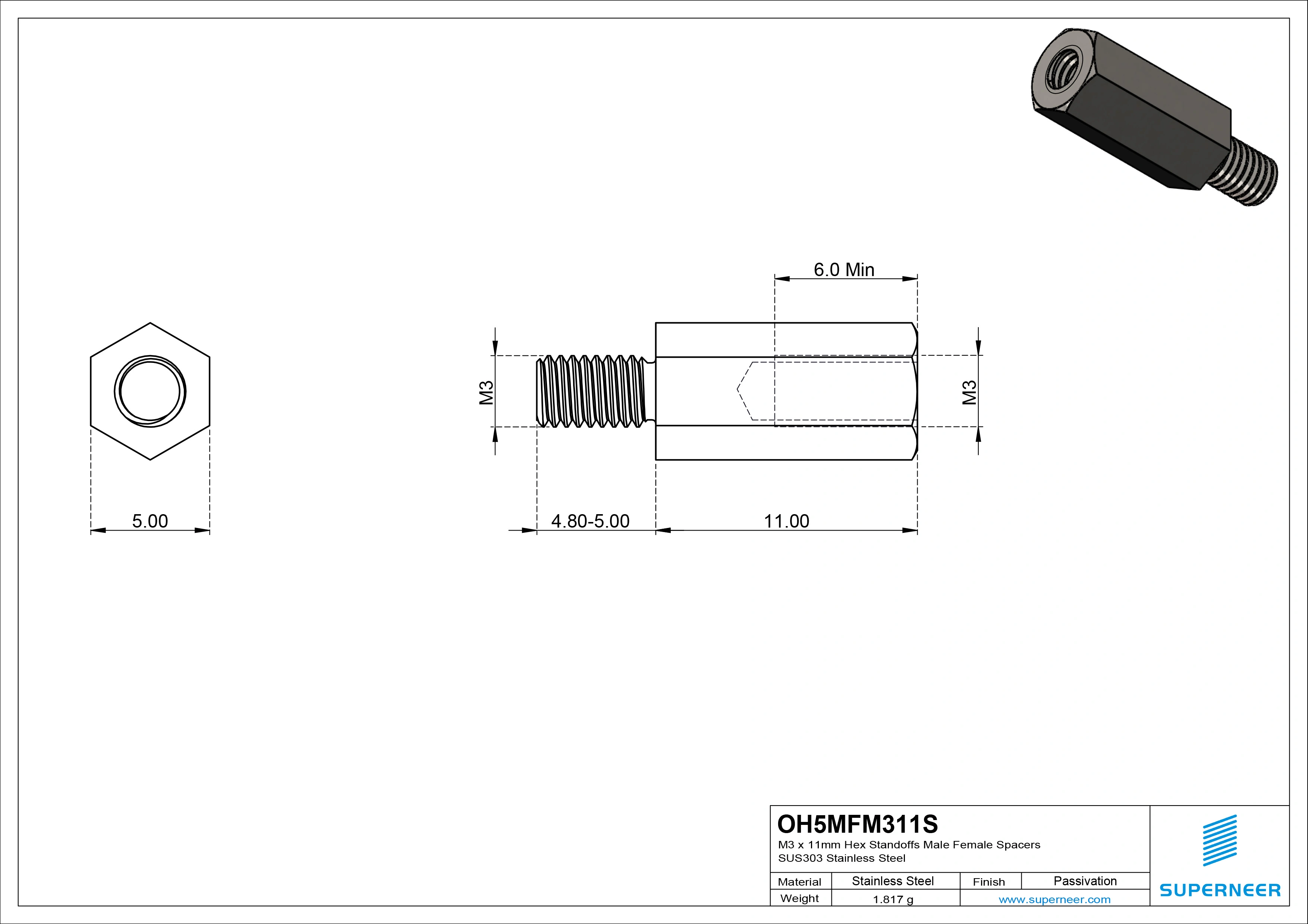 M3 x 11mm Hex Standoffs Male Female Spacers SUS303 Stainless Steel Inox 