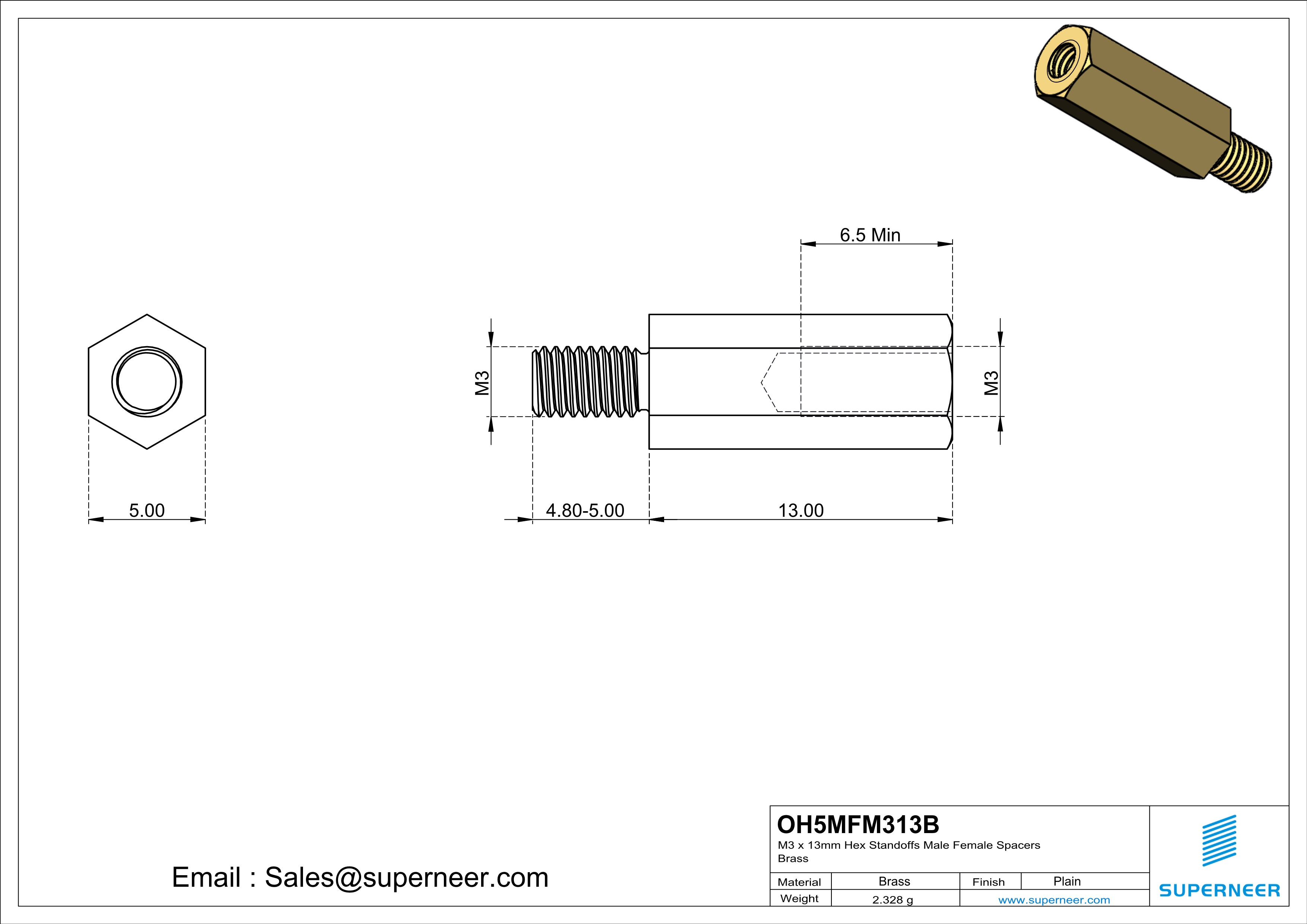 M3 x 13mm Hex Standoffs Male Female Spacers  Brass 