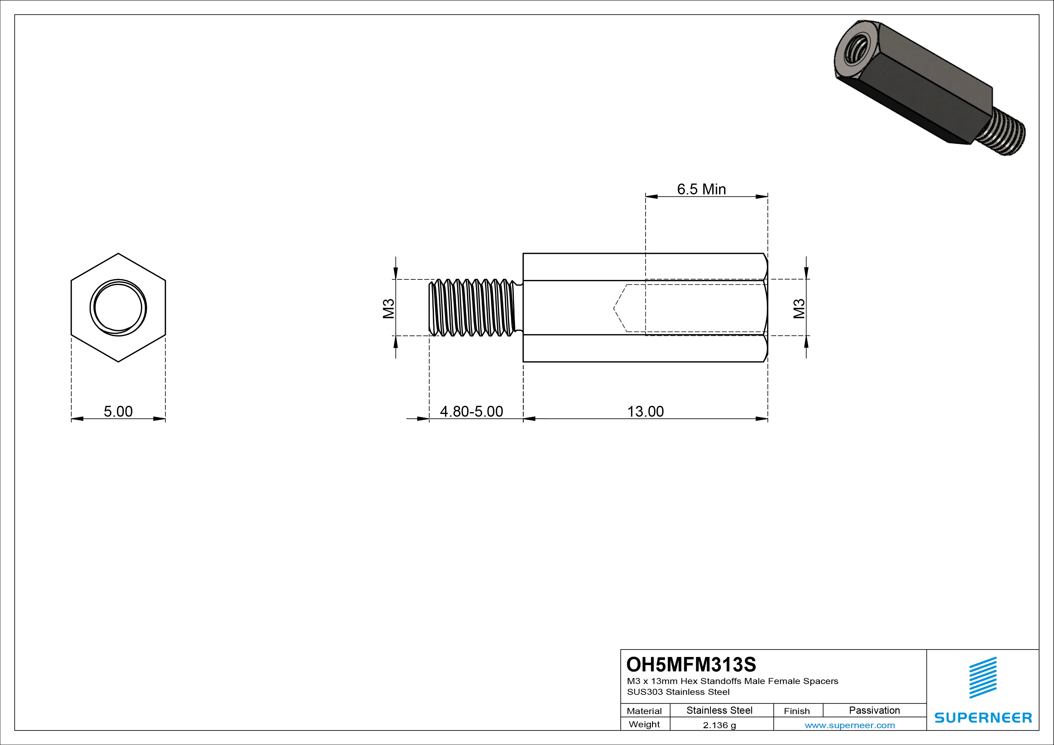 M3 x 13mm Hex Standoffs Male Female Spacers SUS303 Stainless Steel Inox 