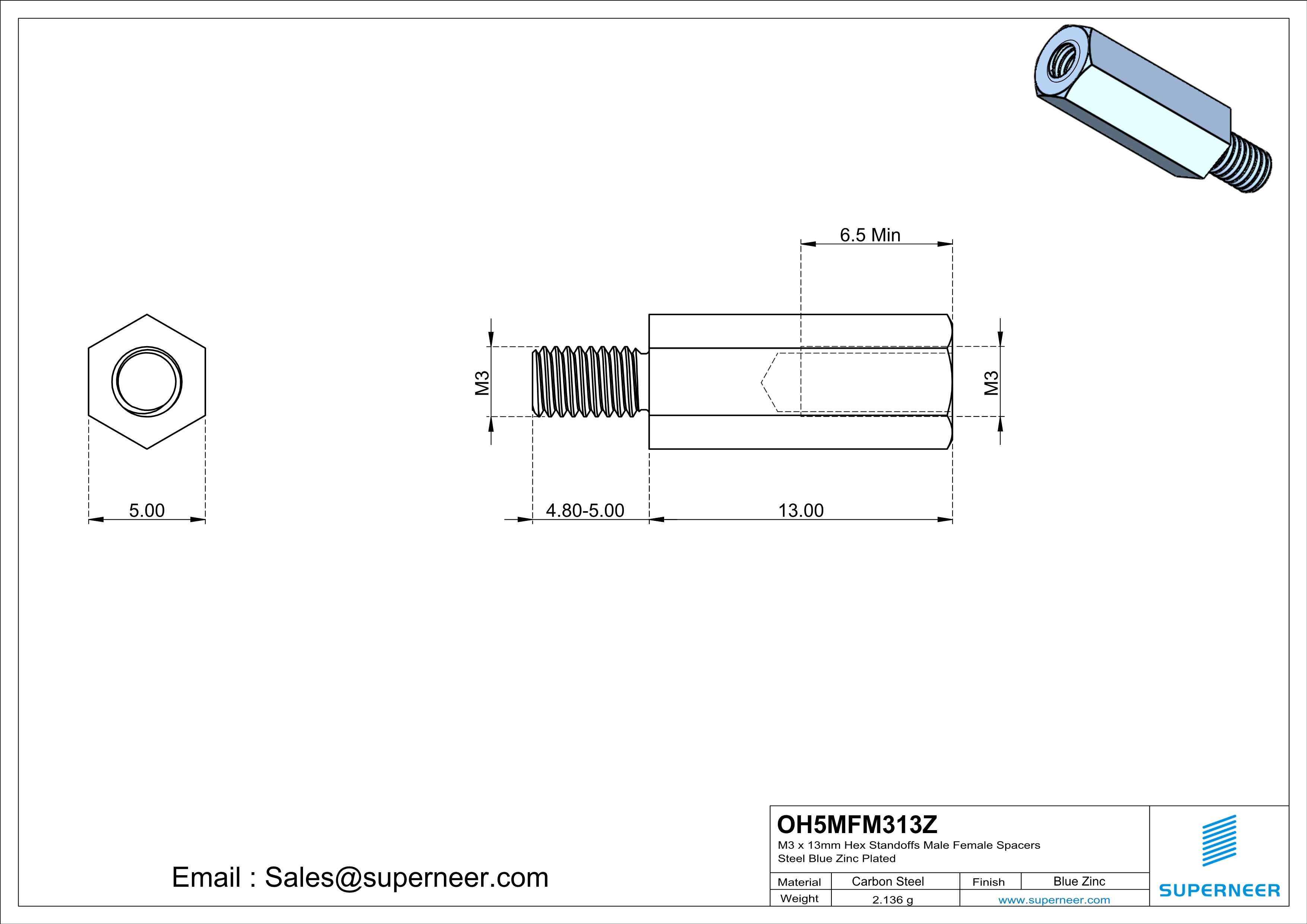 M3 x 13mm Hex Standoffs Male Female Spacers Steel Blue Zinc Plated 