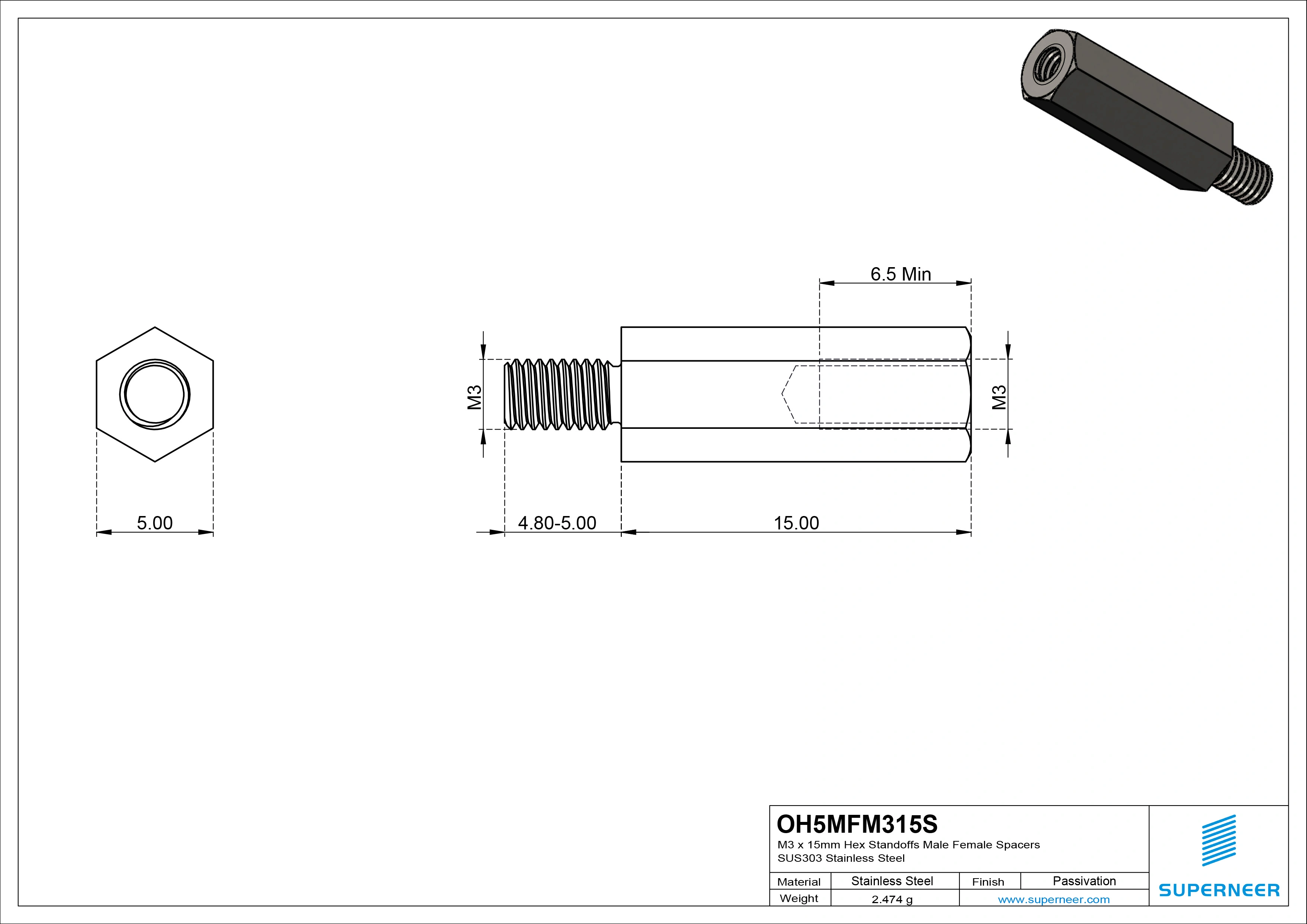 M3 x 15mm Hex Standoffs Male Female Spacers SUS303 Stainless Steel Inox 