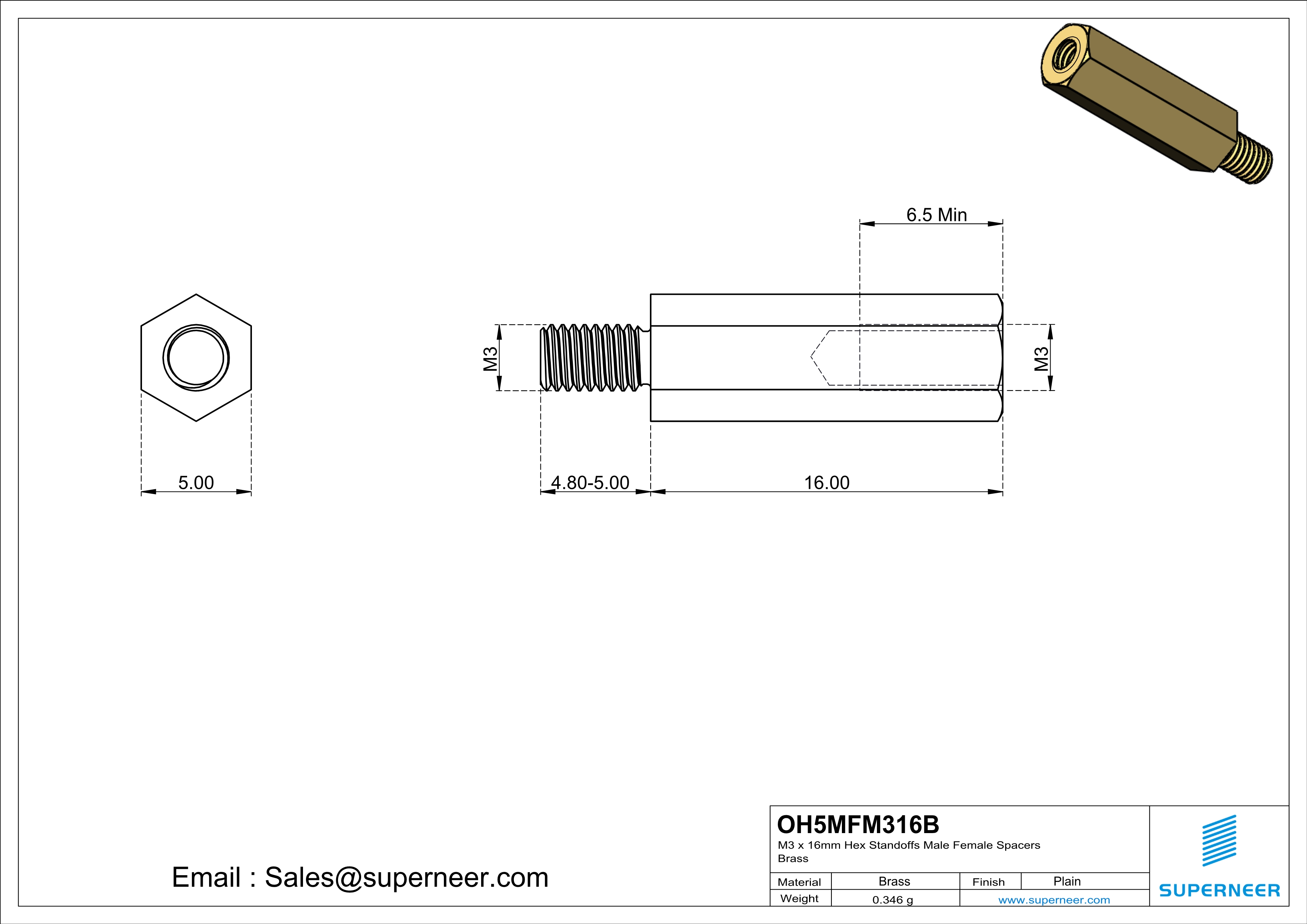 M3 x 16mm Hex Standoffs Male Female Spacers  Brass 