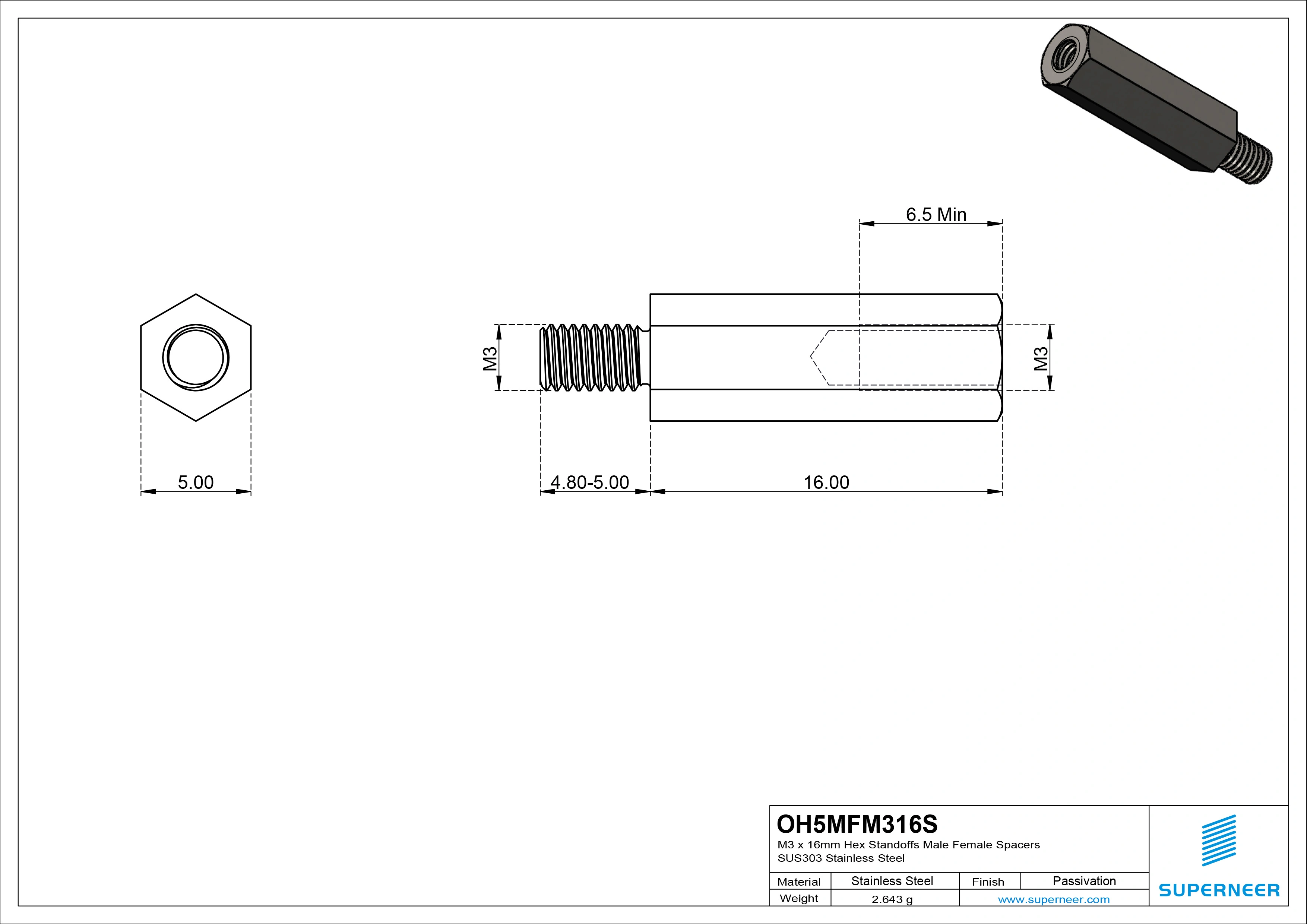 M3 x 16mm Hex Standoffs Male Female Spacers SUS303 Stainless Steel Inox 