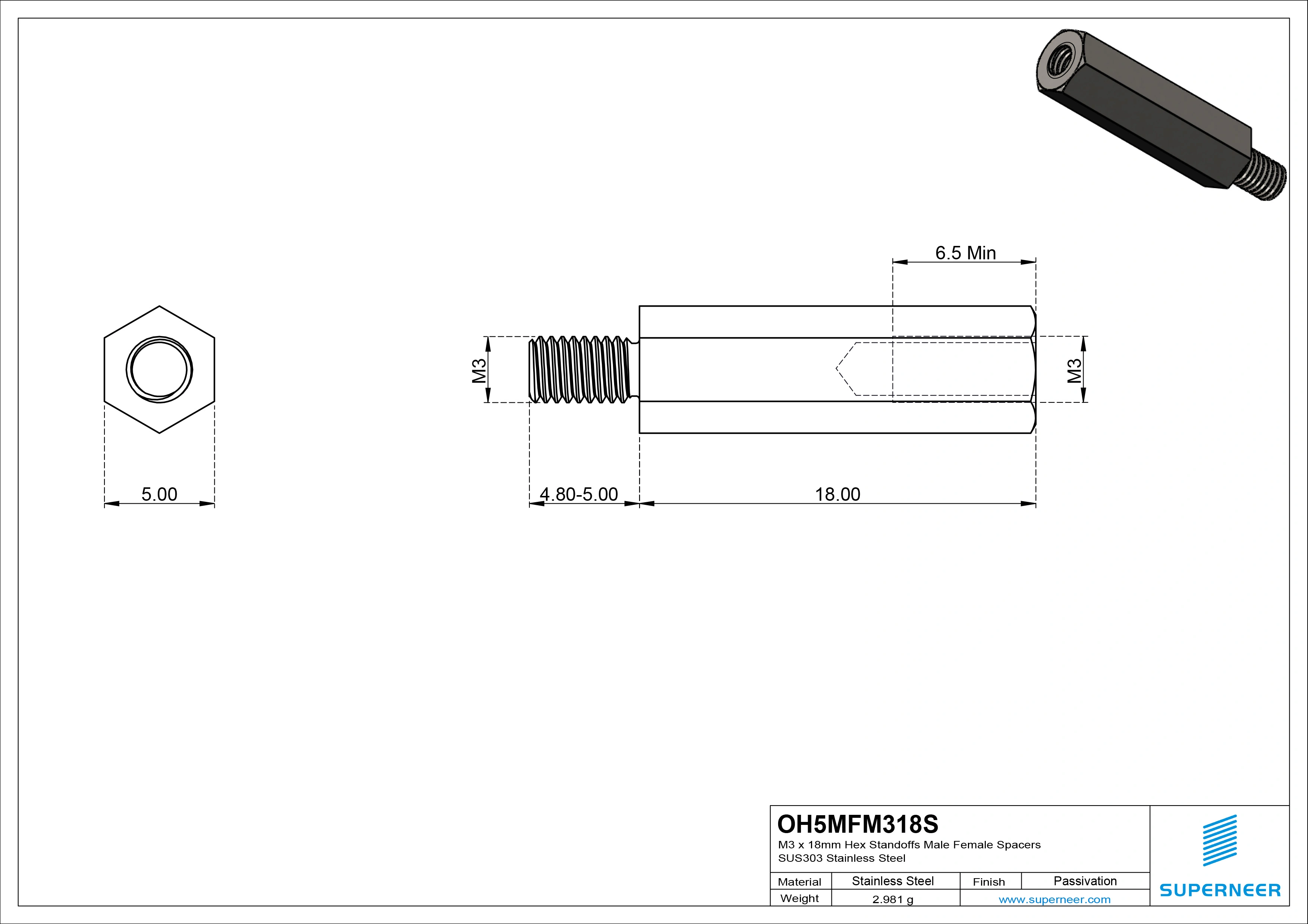 M3 x 18mm Hex Standoffs Male Female Spacers SUS303 Stainless Steel Inox 