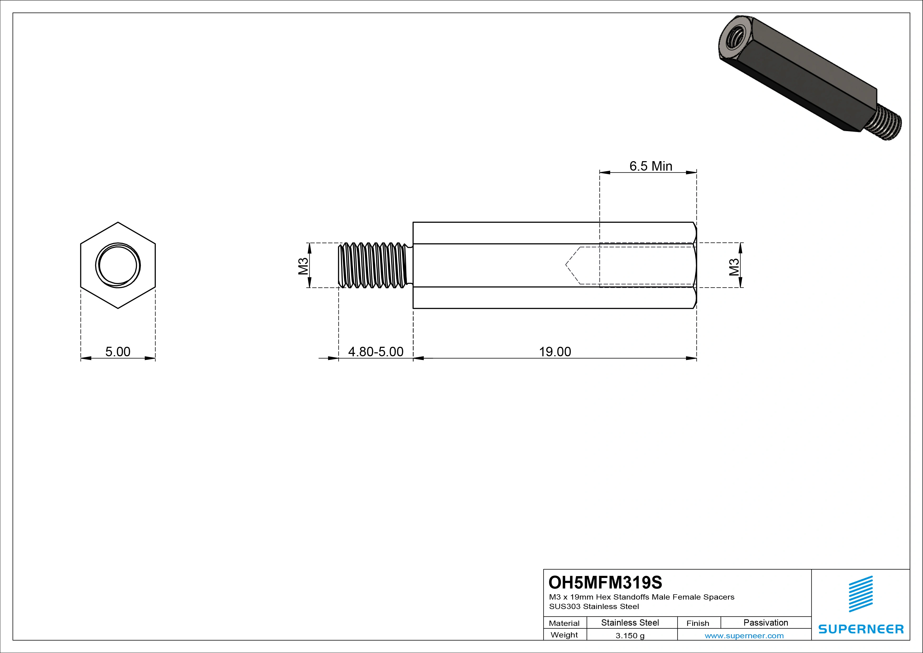 M3 x 19mm Hex Standoffs Male Female Spacers SUS303 Stainless Steel Inox 