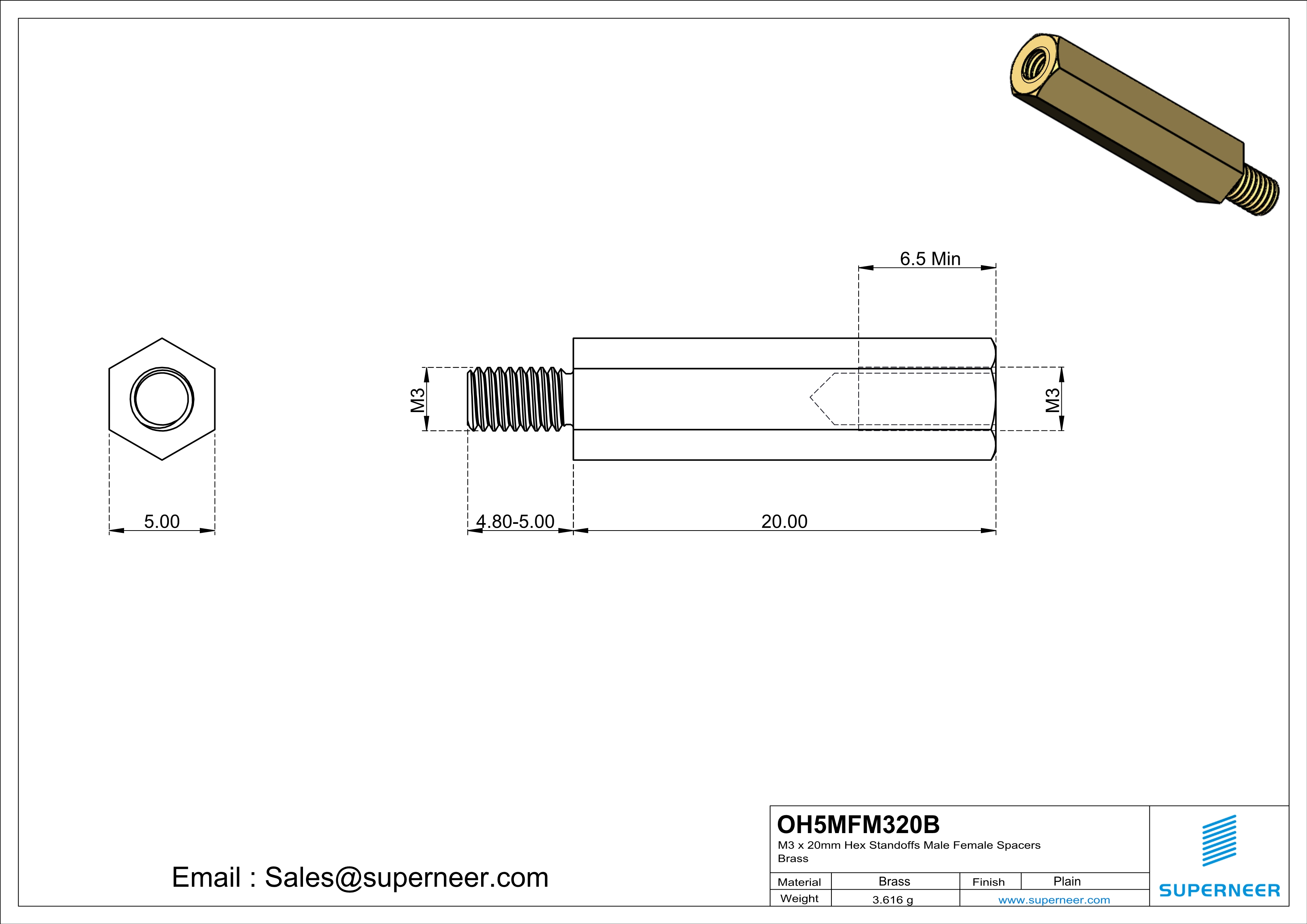 M3 x 20mm Hex Standoffs Male Female Spacers  Brass 