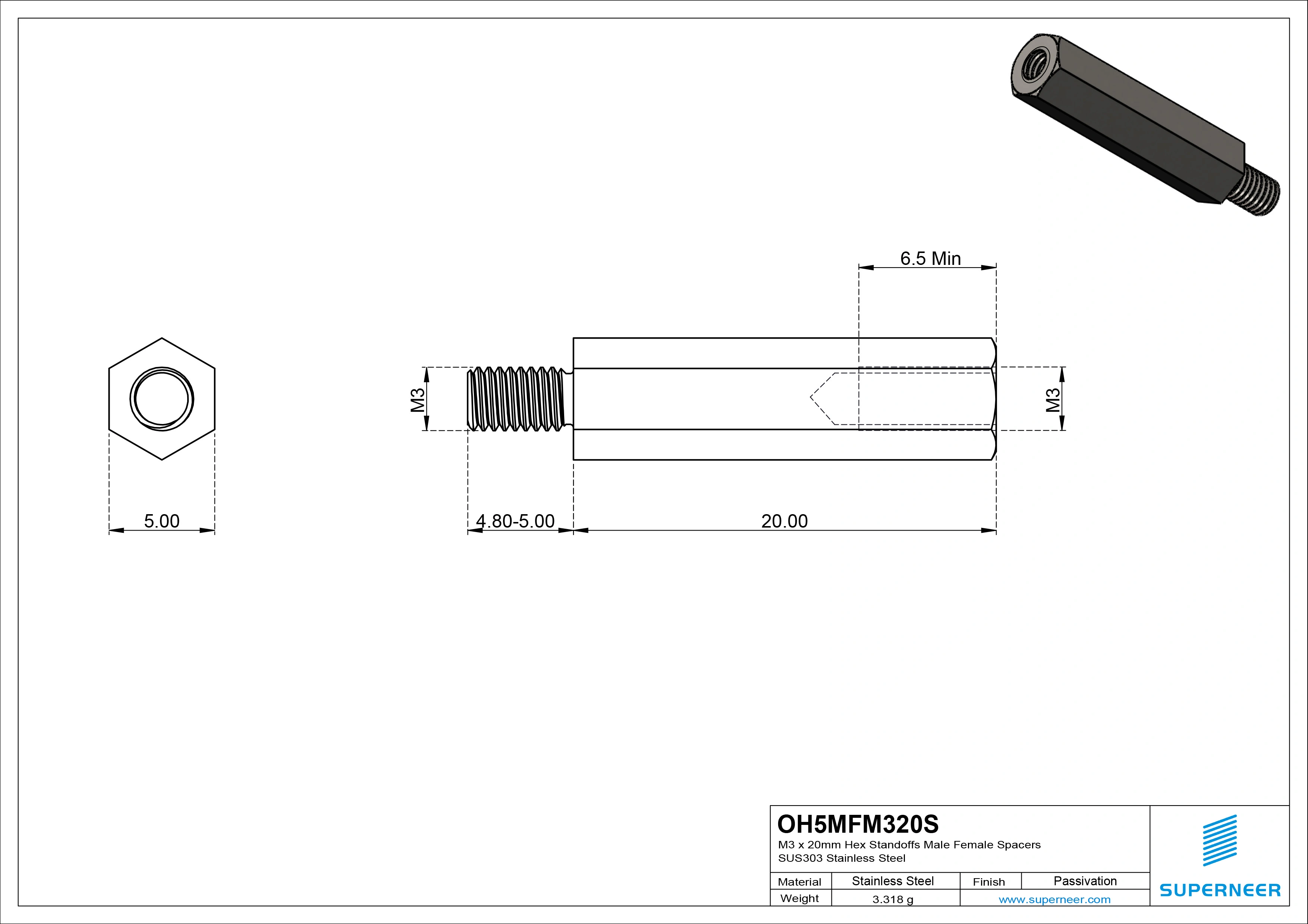 M3 x 20mm Hex Standoffs Male Female Spacers SUS303 Stainless Steel Inox 