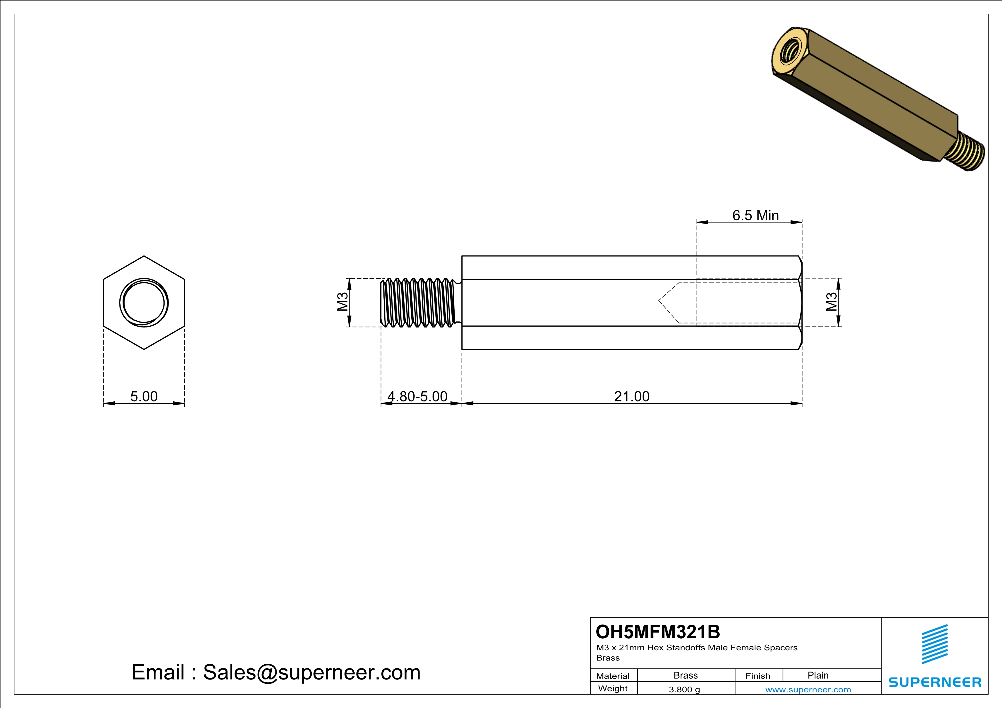 M3 x 21mm Hex Standoffs Male Female Spacers  Brass 