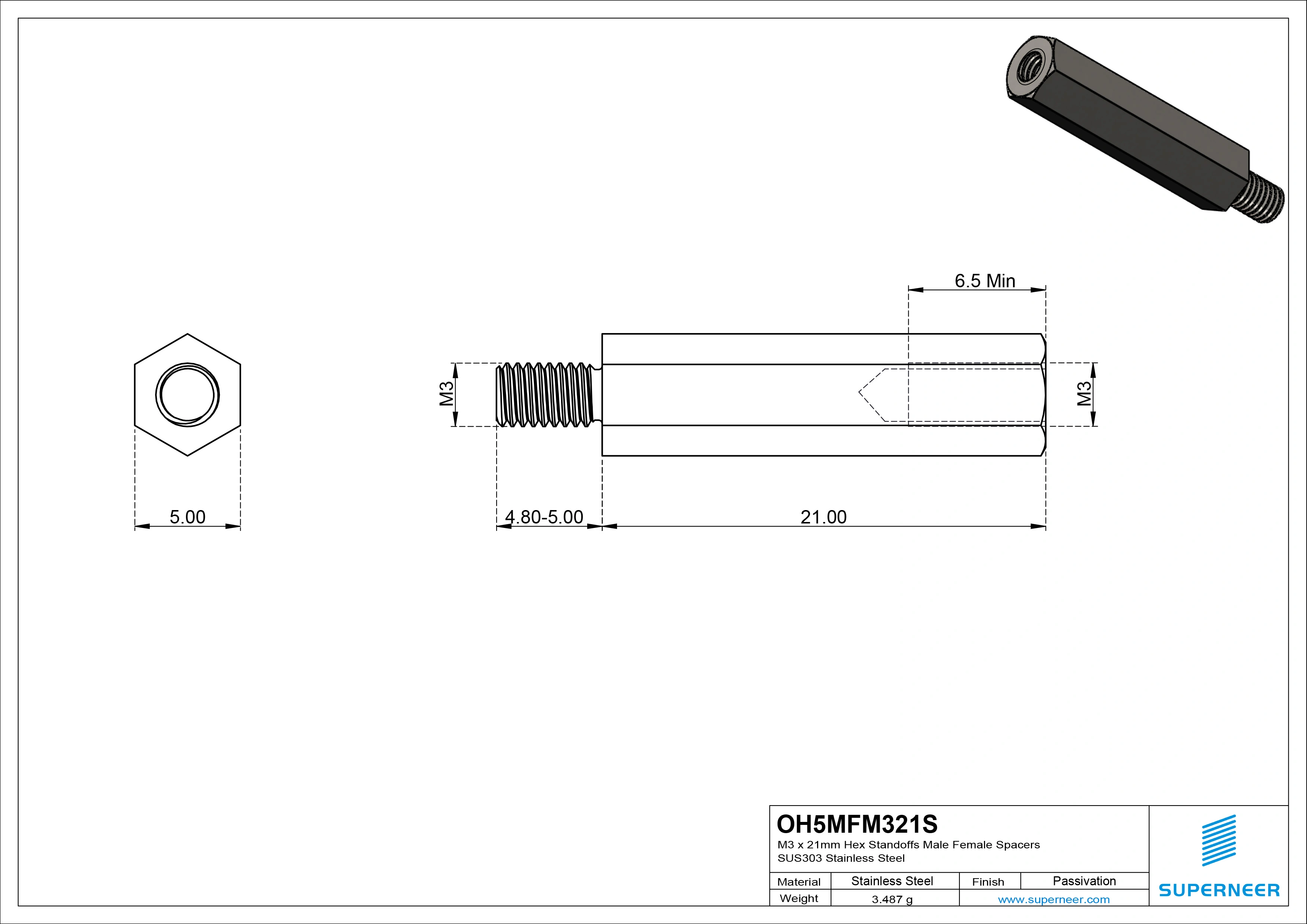 M3 x 21mm Hex Standoffs Male Female Spacers SUS303 Stainless Steel Inox 