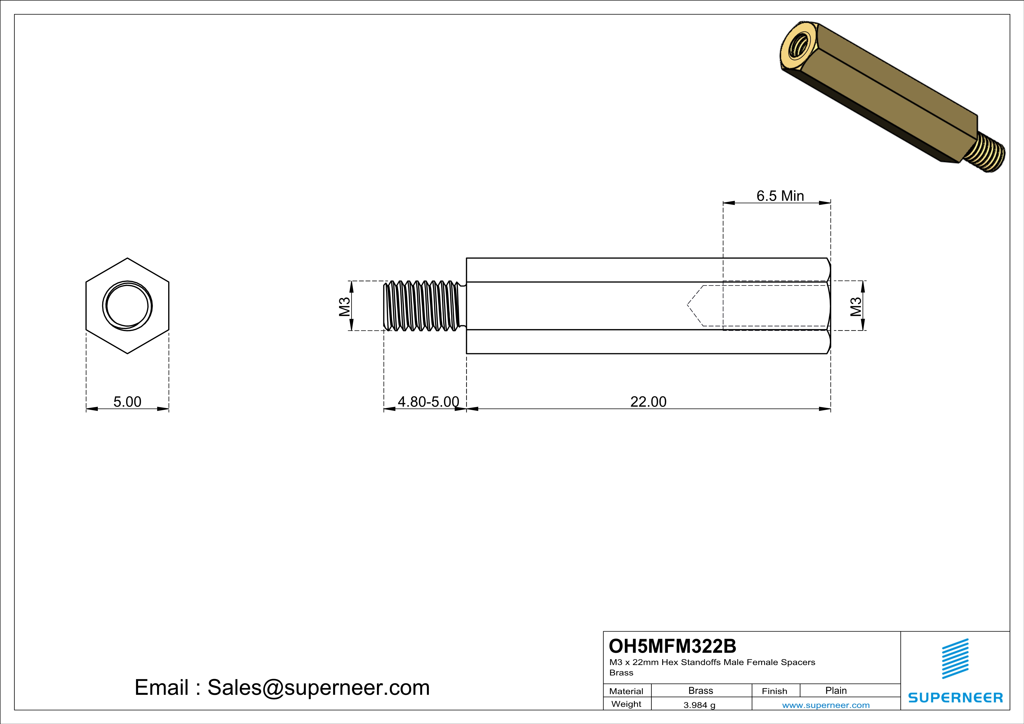 M3 x 22mm Hex Standoffs Male Female Spacers  Brass 