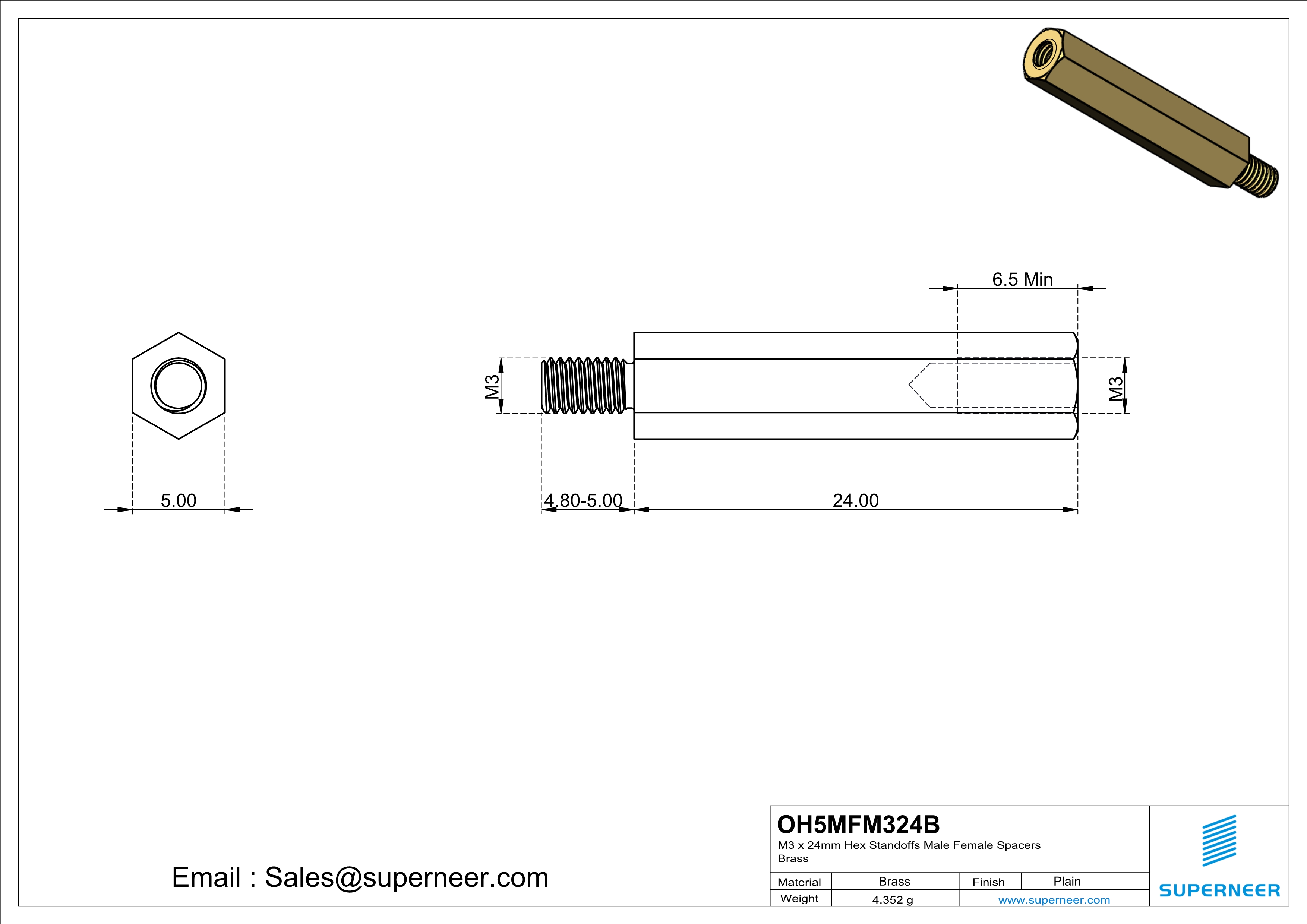 M3 x 24mm Hex Standoffs Male Female Spacers  Brass 