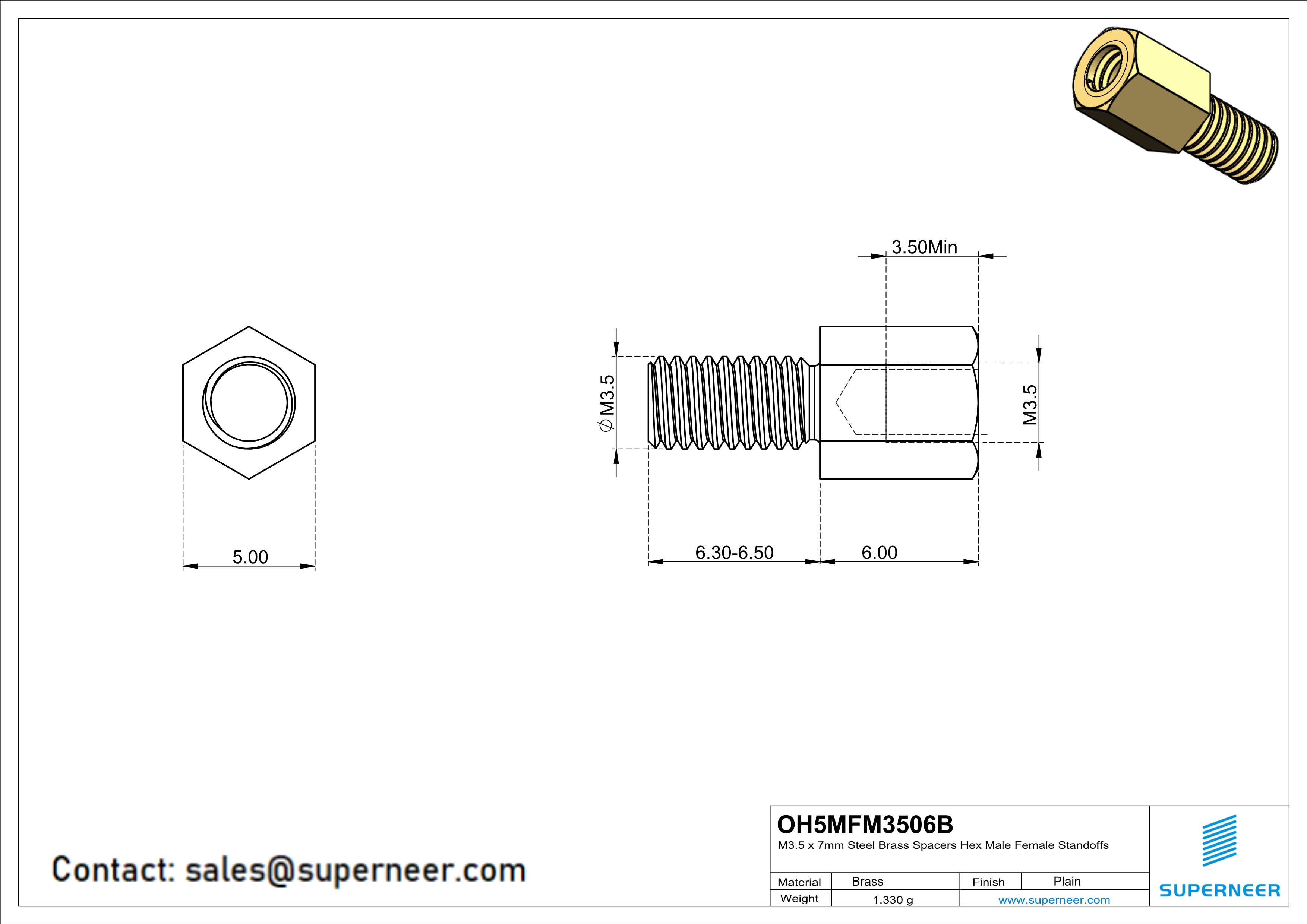 M3.5 x 6mm Brass Spacers Hex Male Female Standoffs