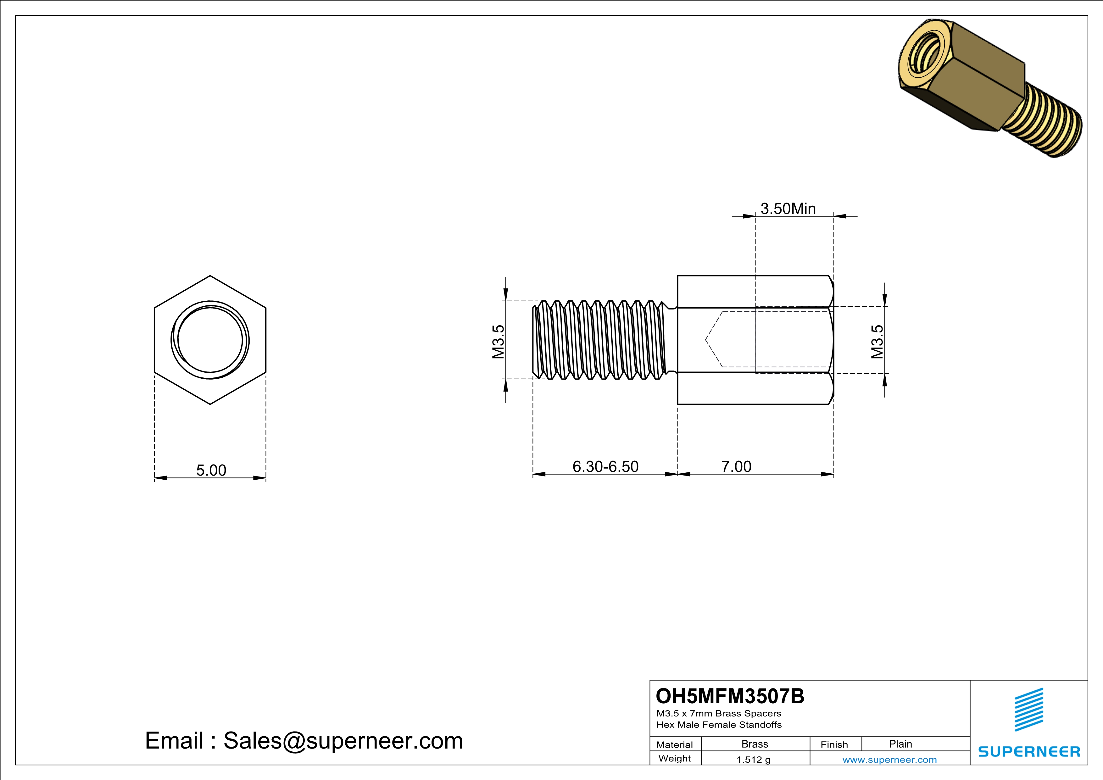 M3.5 x 7mm Brass Spacers Hex Male Female Standoffs