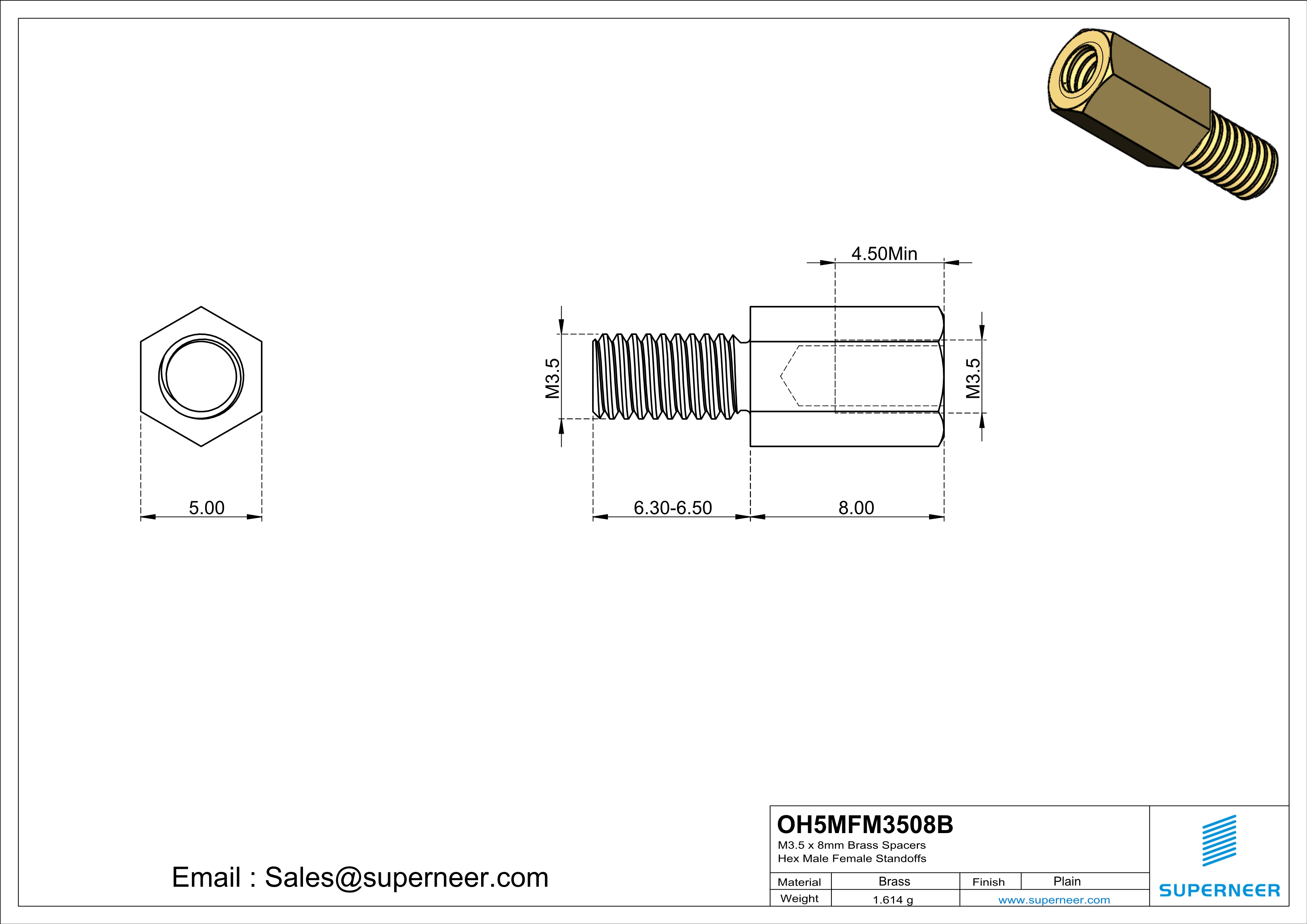 M3.5 x 8mm Brass Spacers Hex Male Female Standoffs