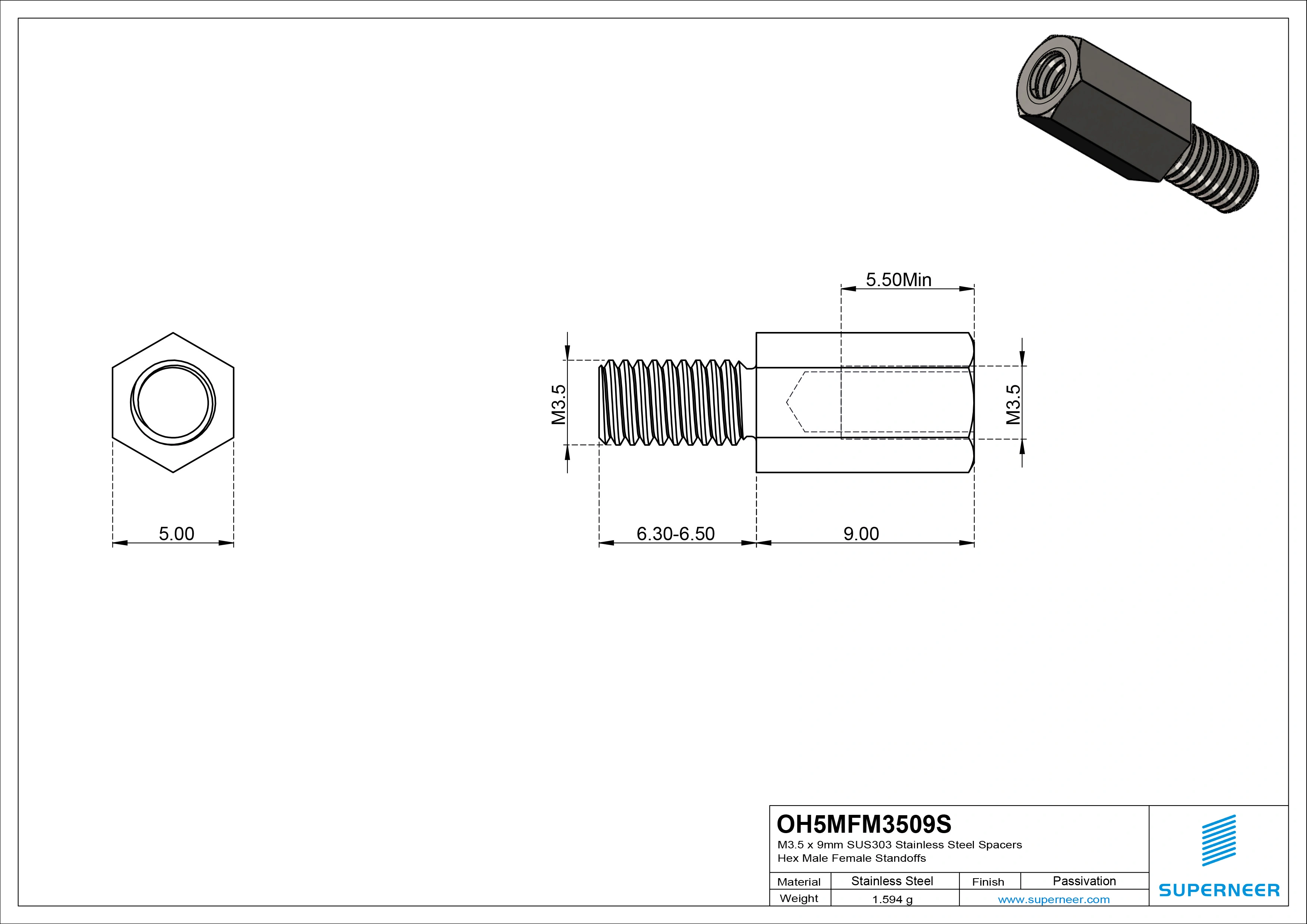 M3.5 x 9mm SUS303 Stainless Steel Inox Spacers Hex Male Female Standoffs