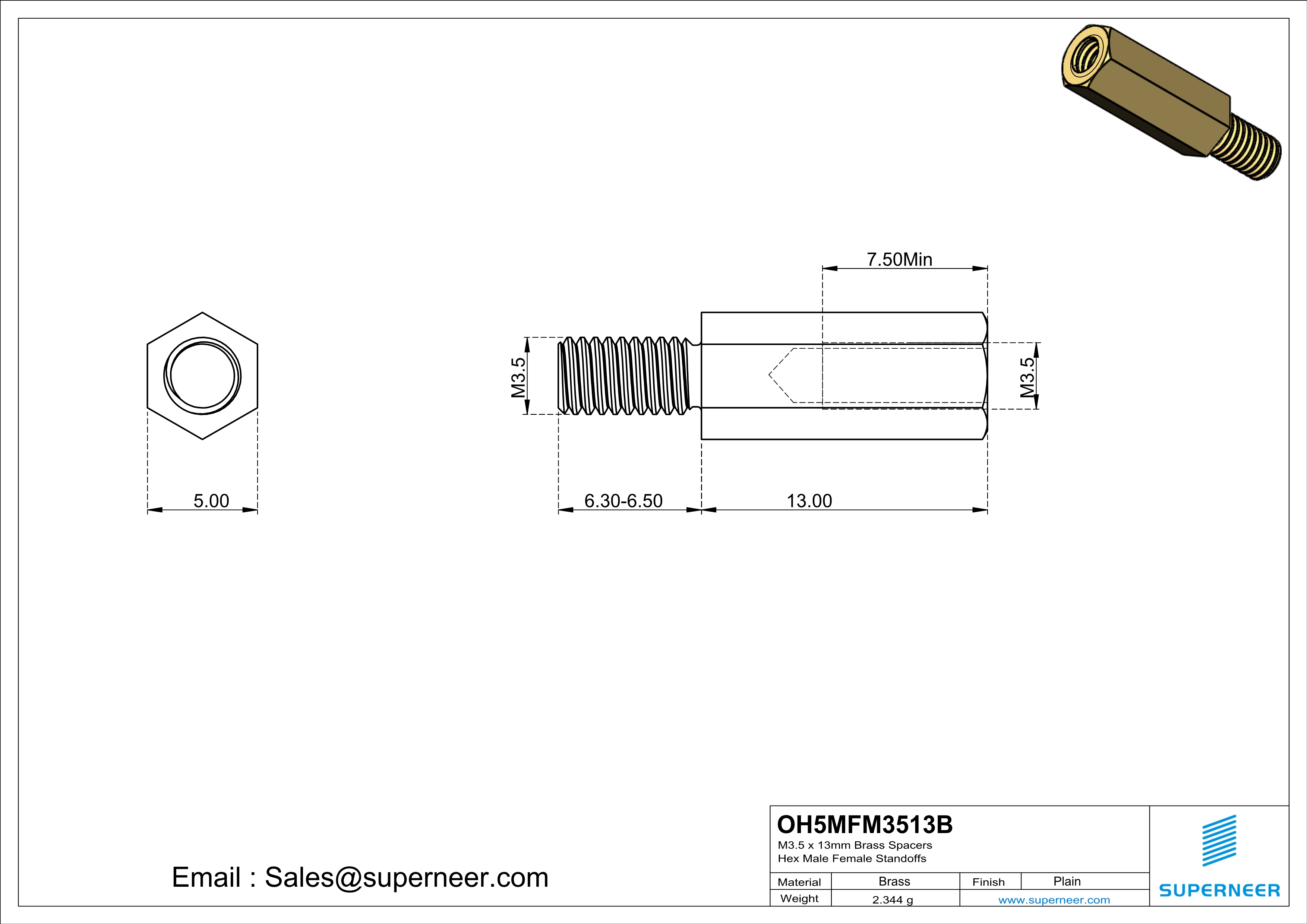 M3.5 x 13mm Brass Spacers Hex Male Female Standoffs