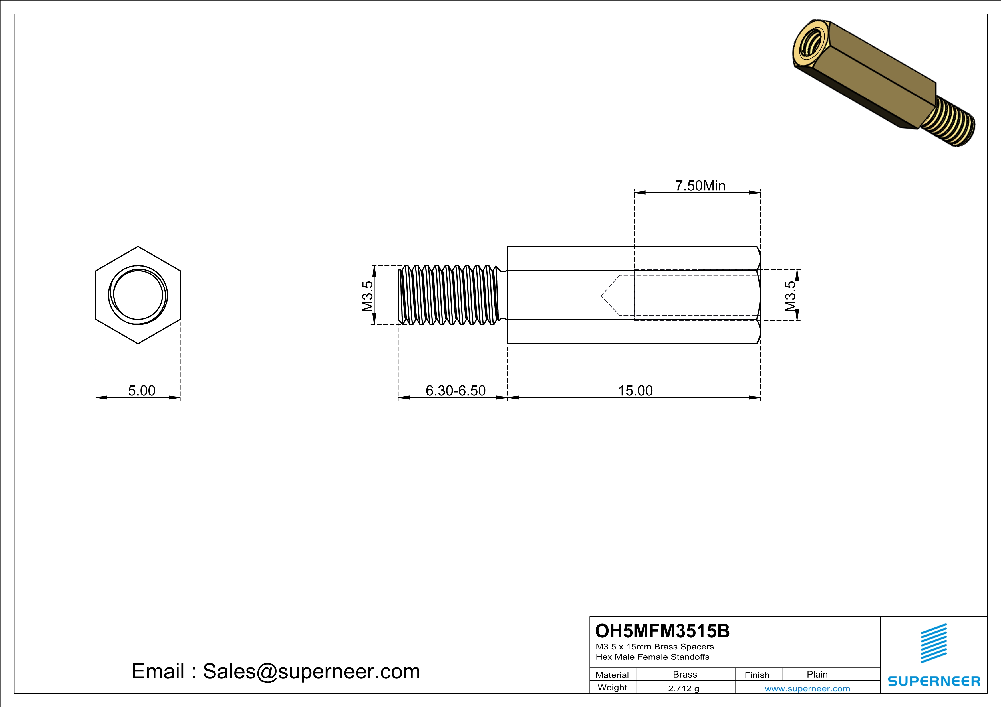 M3.5 x 15mm Brass Spacers Hex Male Female Standoffs