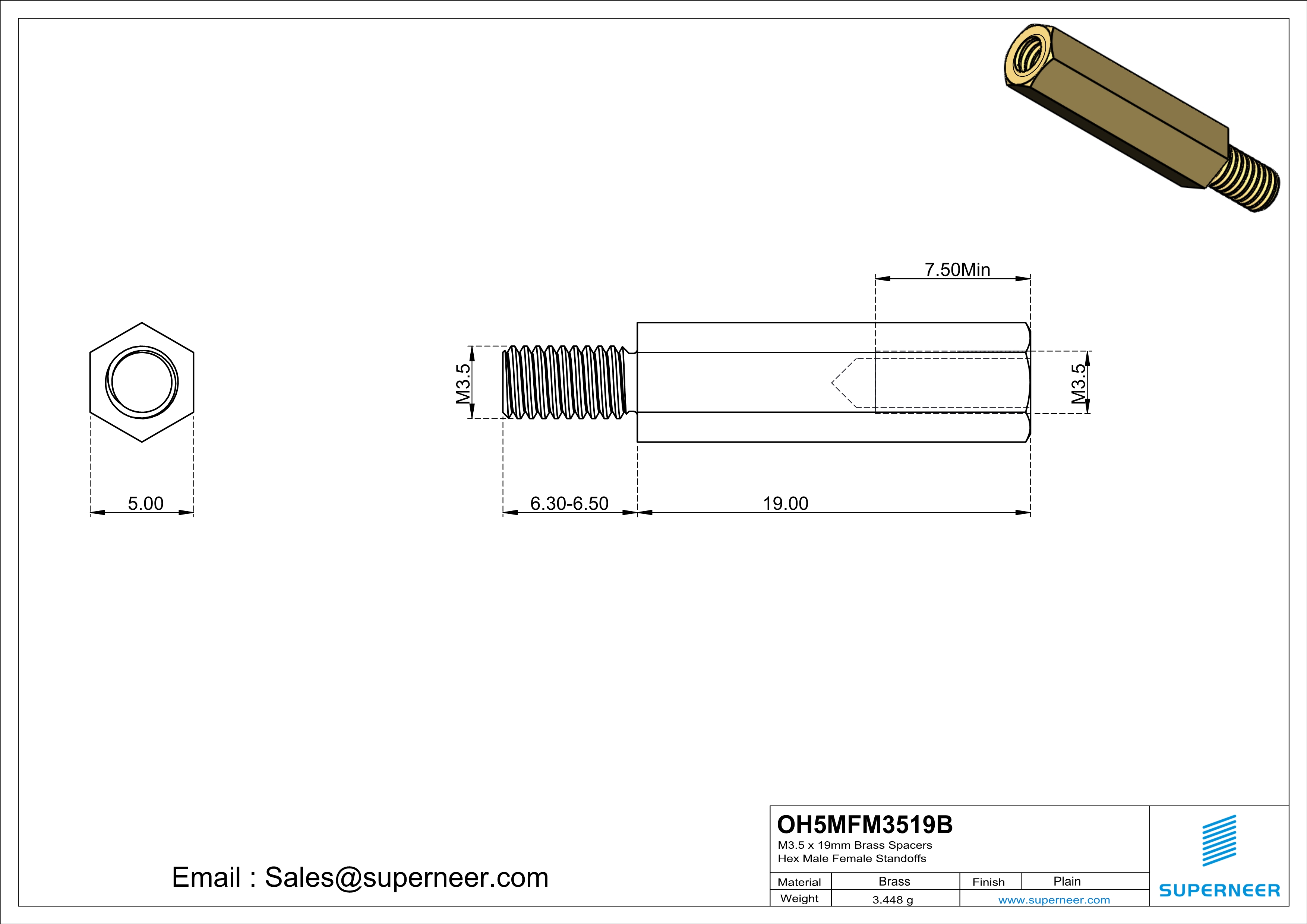 M3.5 x 19mm Brass Spacers Hex Male Female Standoffs