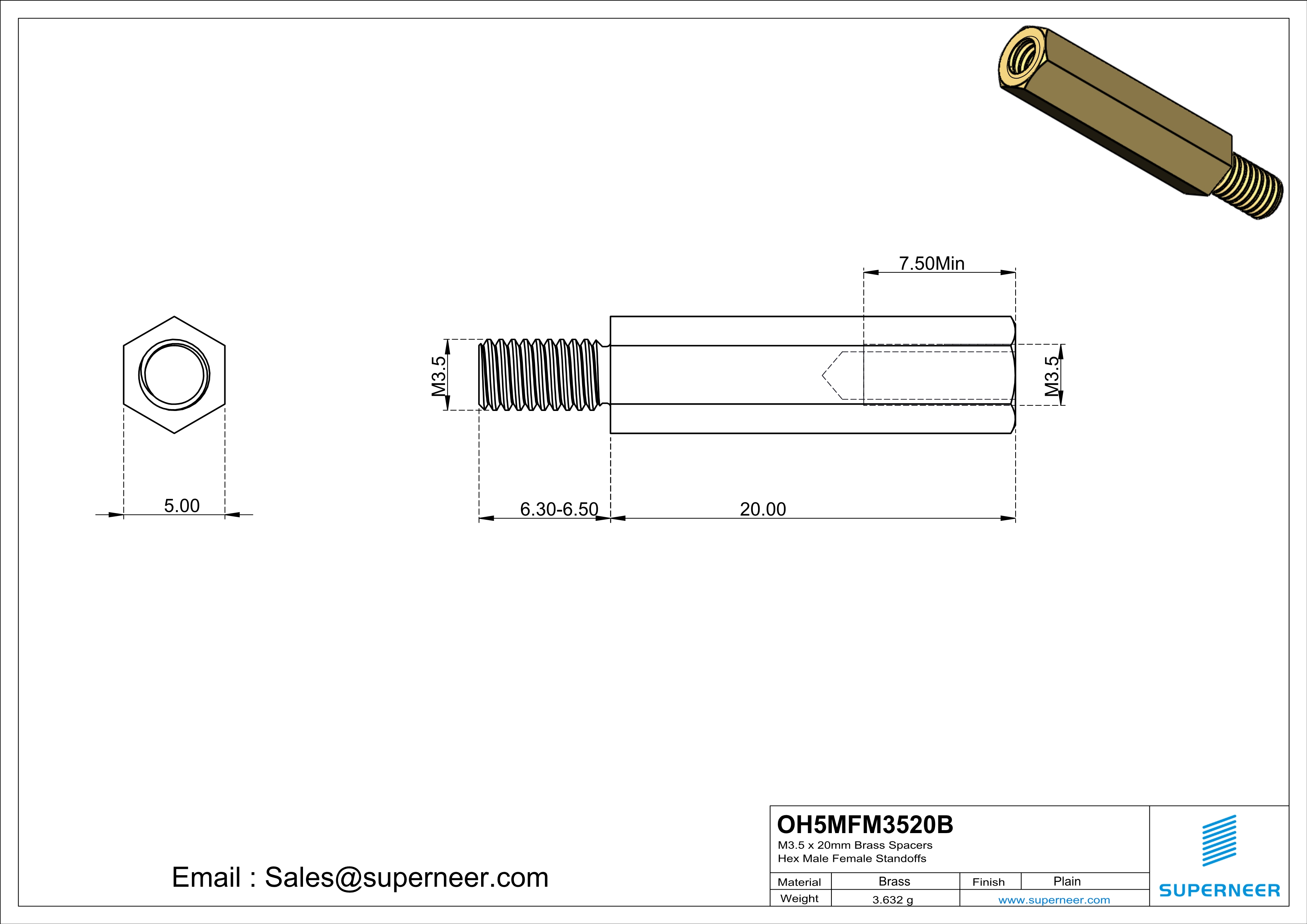 M3.5 x 20mm Brass Spacers Hex Male Female Standoffs