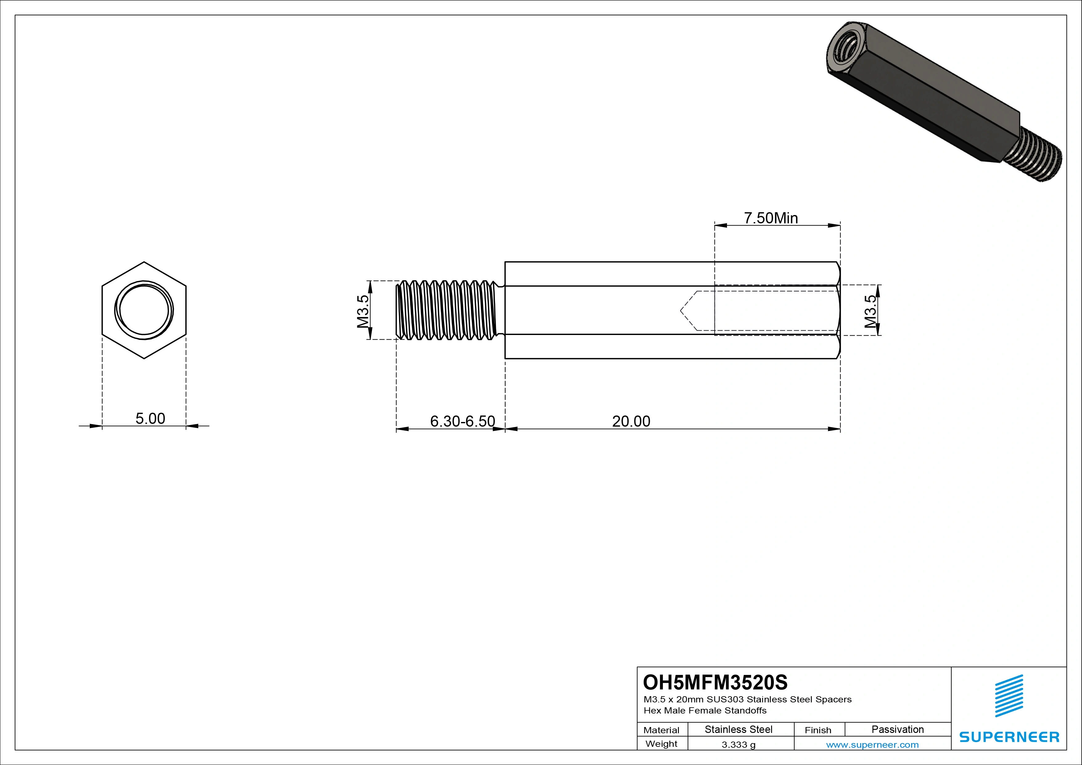 M3.5 x 20mm SUS303 Stainless Steel Inox Spacers Hex Male Female Standoffs