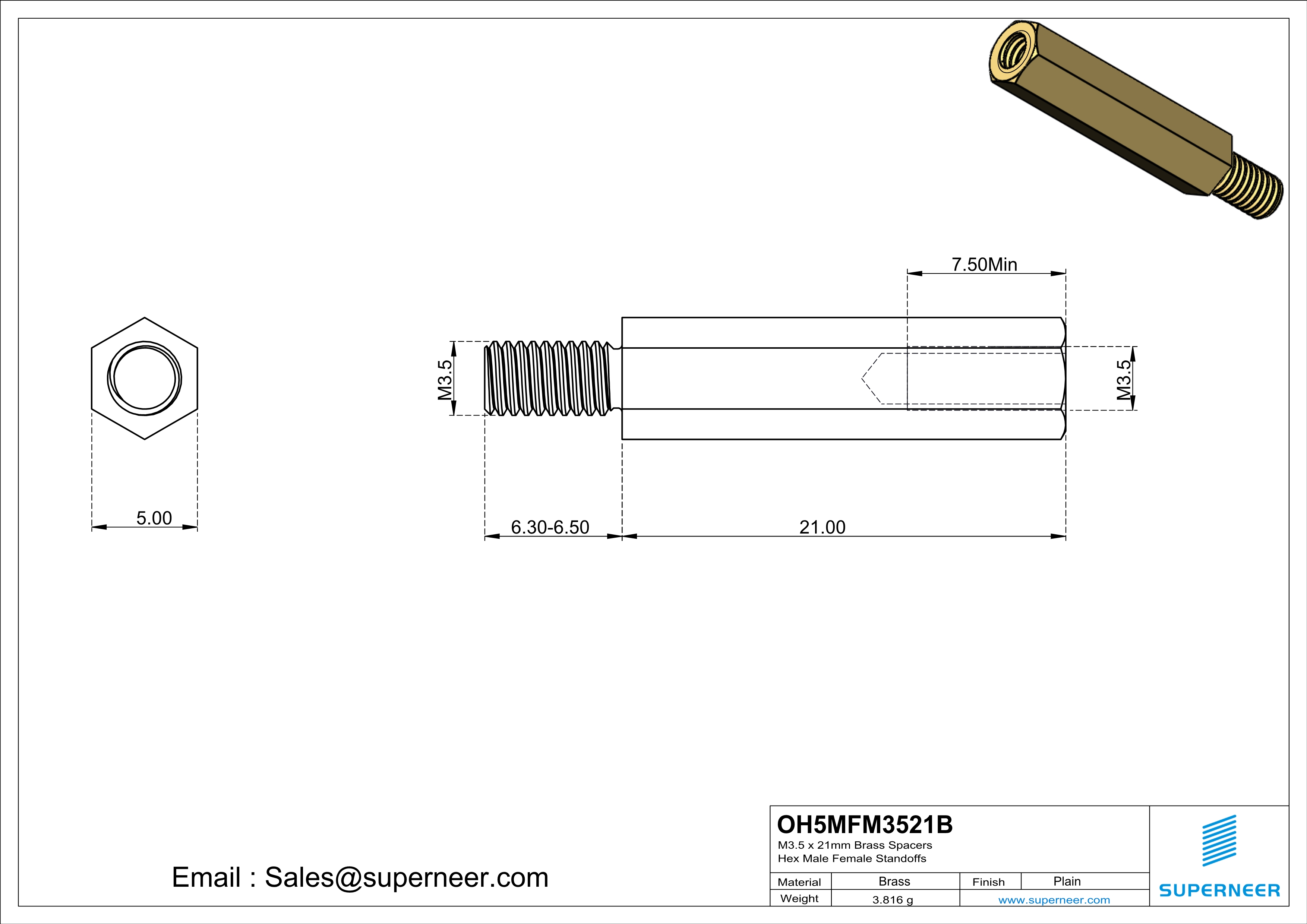 M3.5 x 21mm Brass Spacers Hex Male Female Standoffs