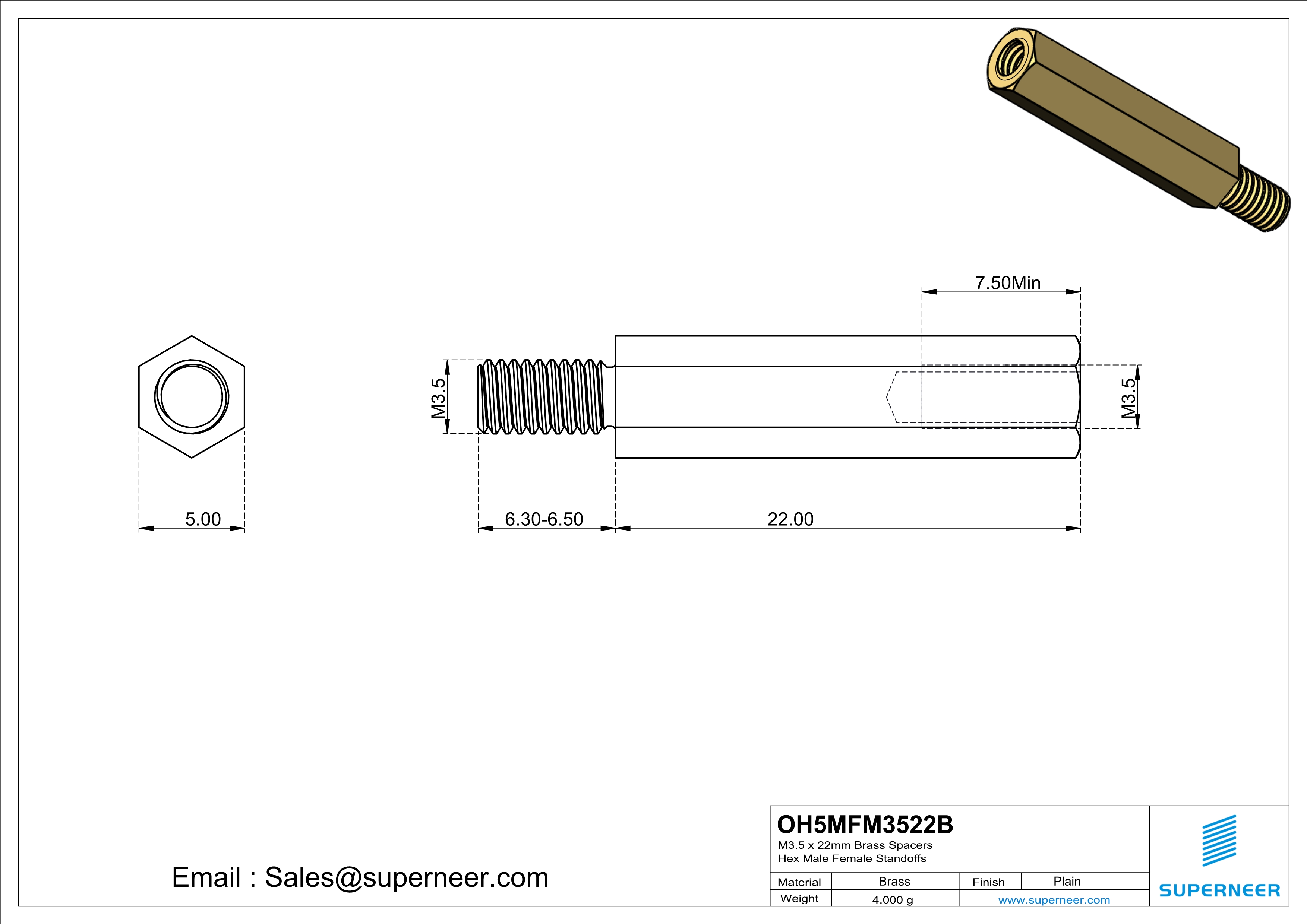 M3.5 x 22mm Brass Spacers Hex Male Female Standoffs