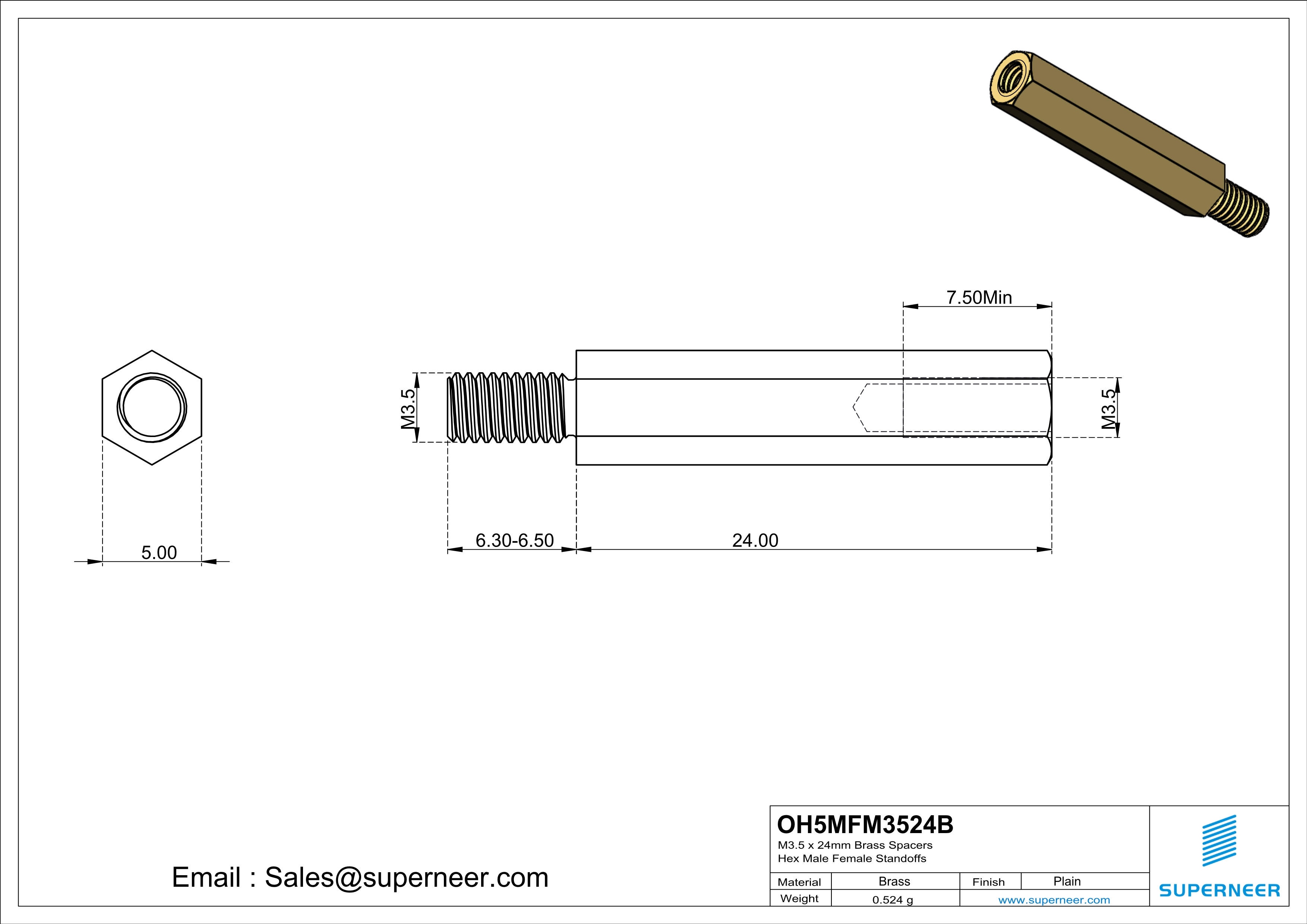 M3.5 x 24mm Brass Spacers Hex Male Female Standoffs