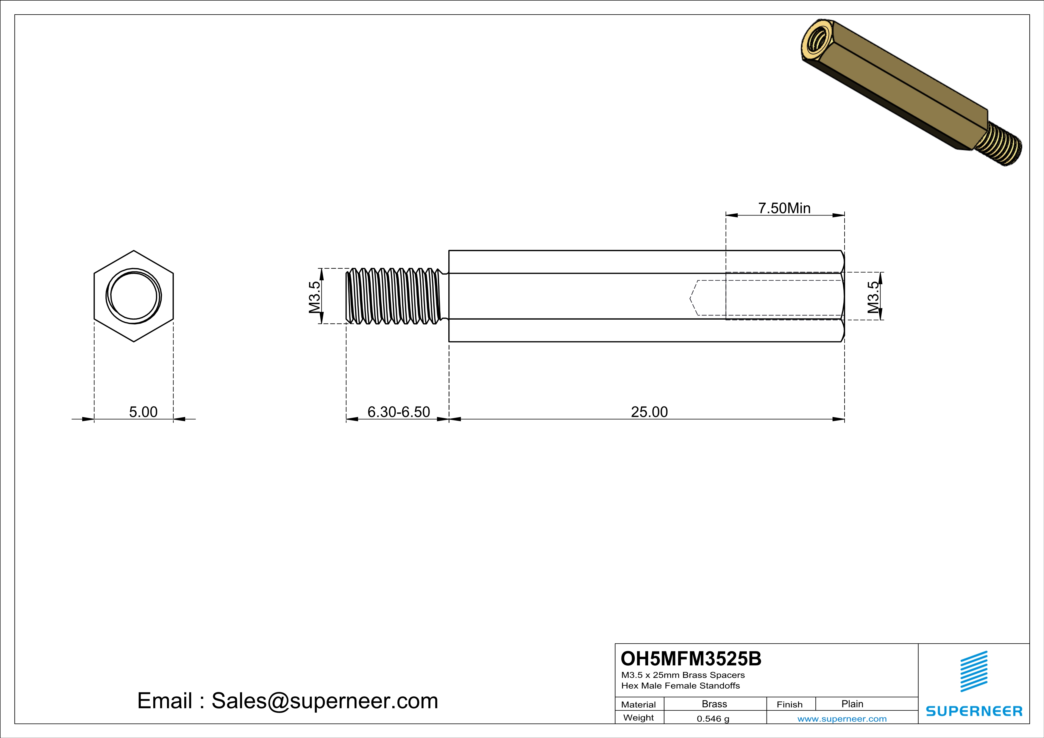 M3.5 x 25mm Brass Spacers Hex Male Female Standoffs